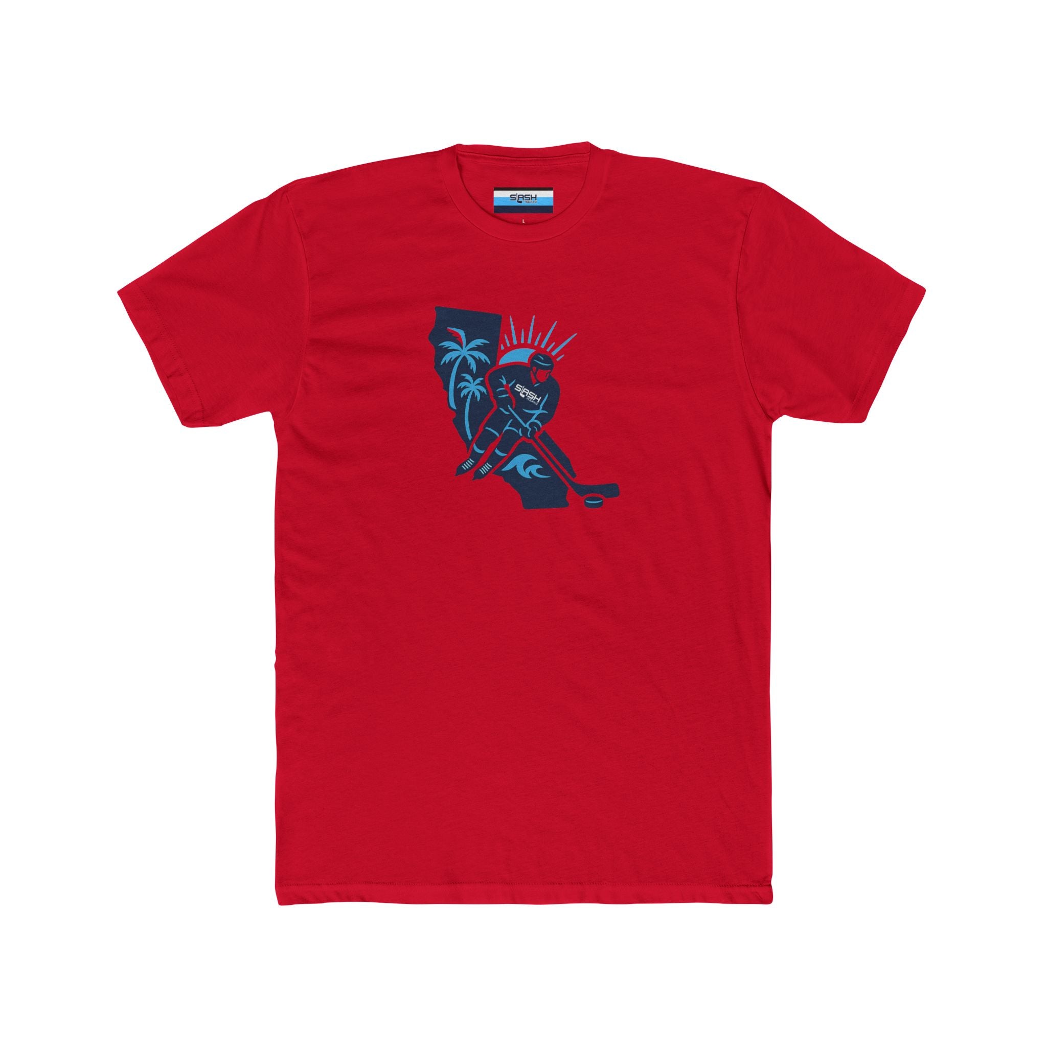 California Hockey Tee front view — bold, clean design blending the California state outline with hockey elements in Slash Hockey brand colors. Unisex short-sleeve t-shirt displayed flat.