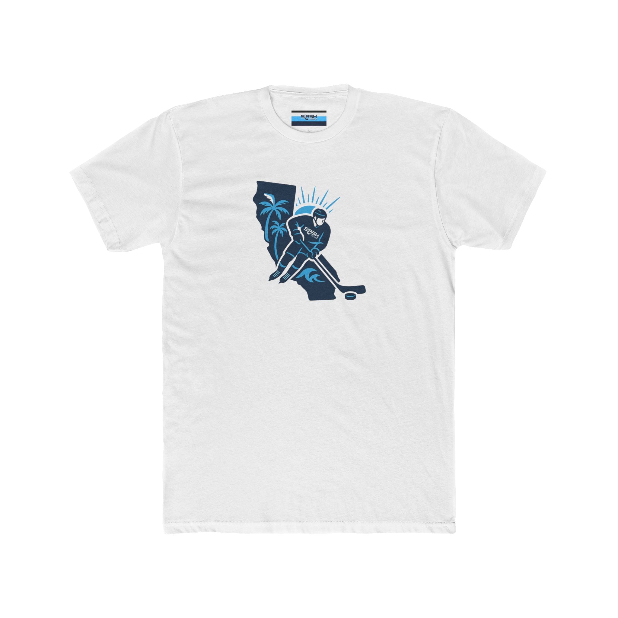 California Hockey Tee front view — bold, clean design blending the California state outline with hockey elements in Slash Hockey brand colors. Unisex short-sleeve t-shirt displayed flat.