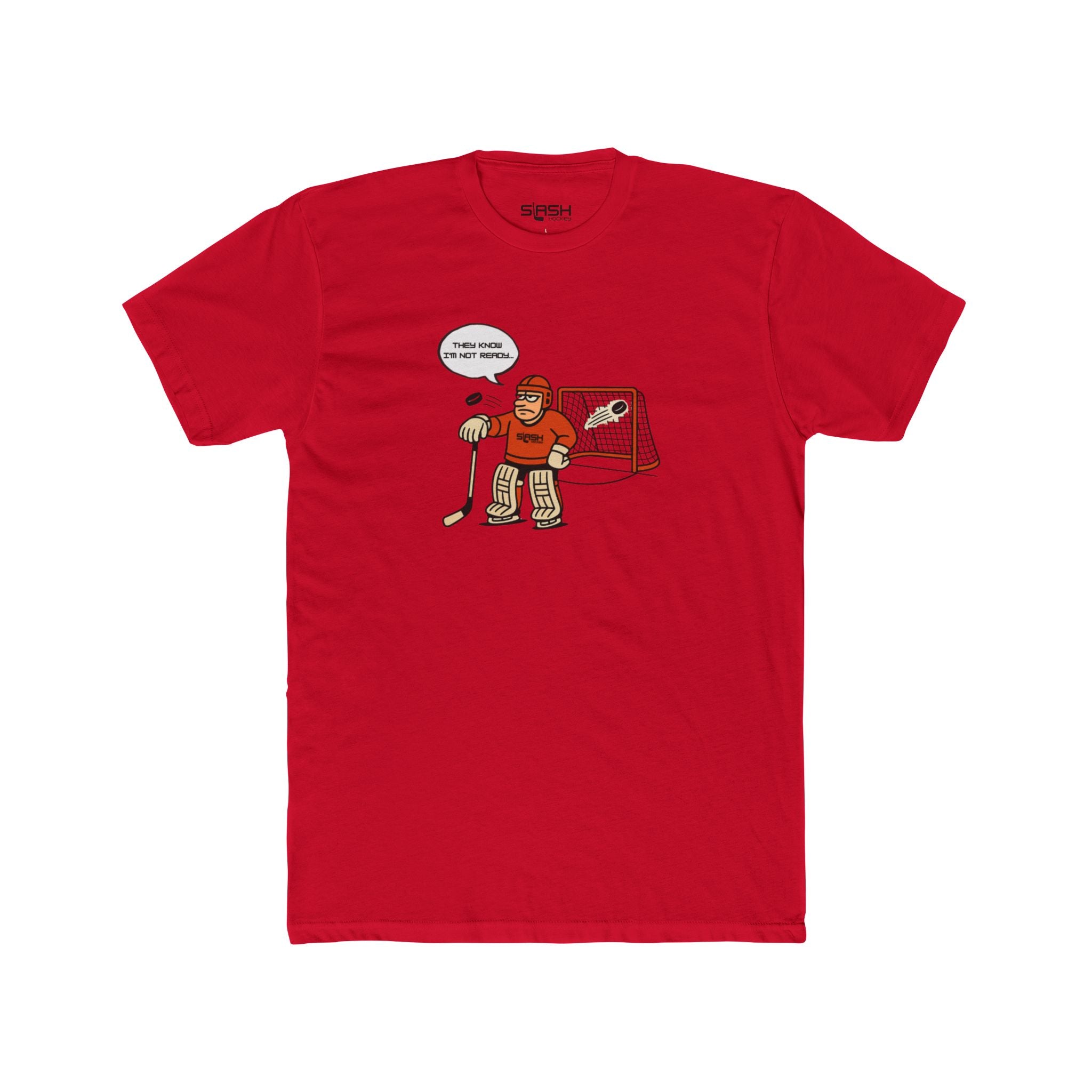 Mad Goalie Tee front view — bold goalie-inspired graphic in Slash Hockey brand colors. Unisex short-sleeve t-shirt displayed flat, highlighting the front design.