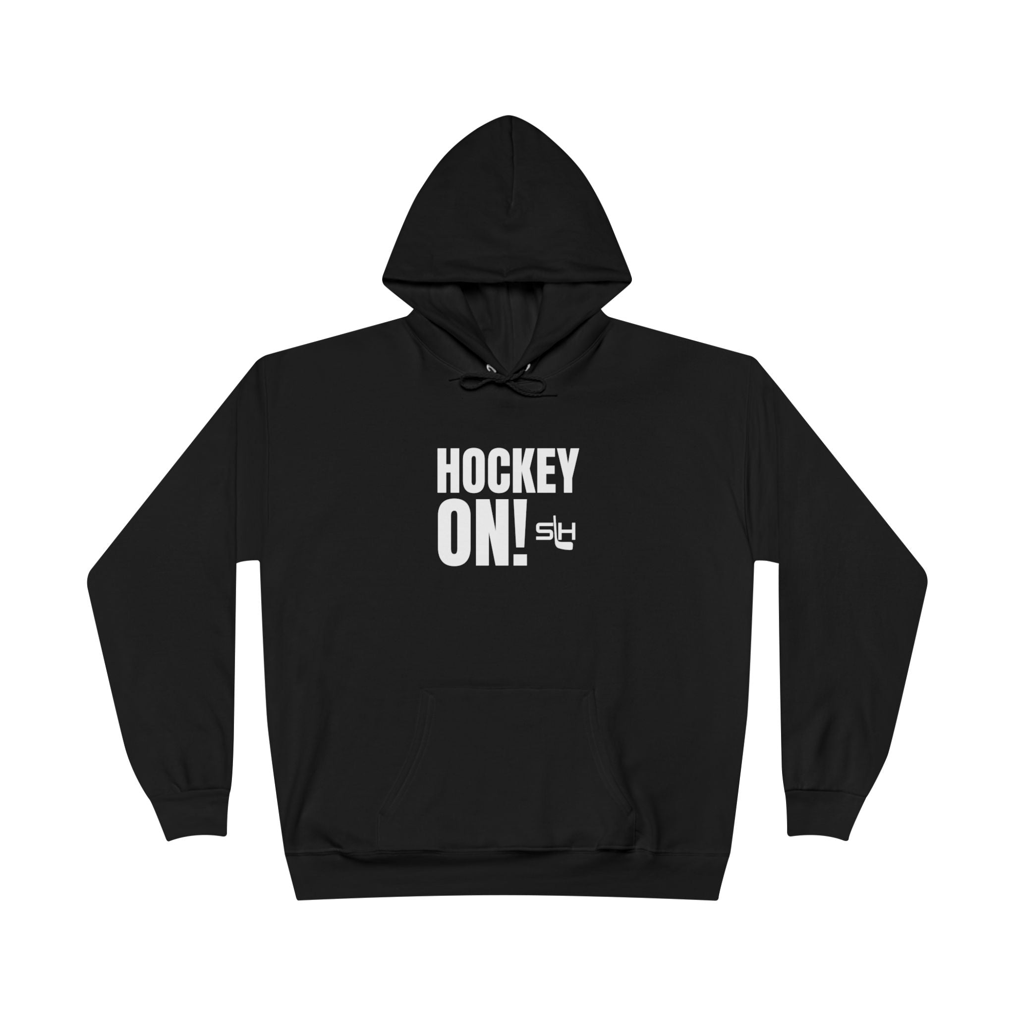 “Hockey On! hoodie front view — bold varsity-style text design with hockey stick inspired exclamation point, printed in navy, sky blue, and white on premium cotton-blend hoodie.”