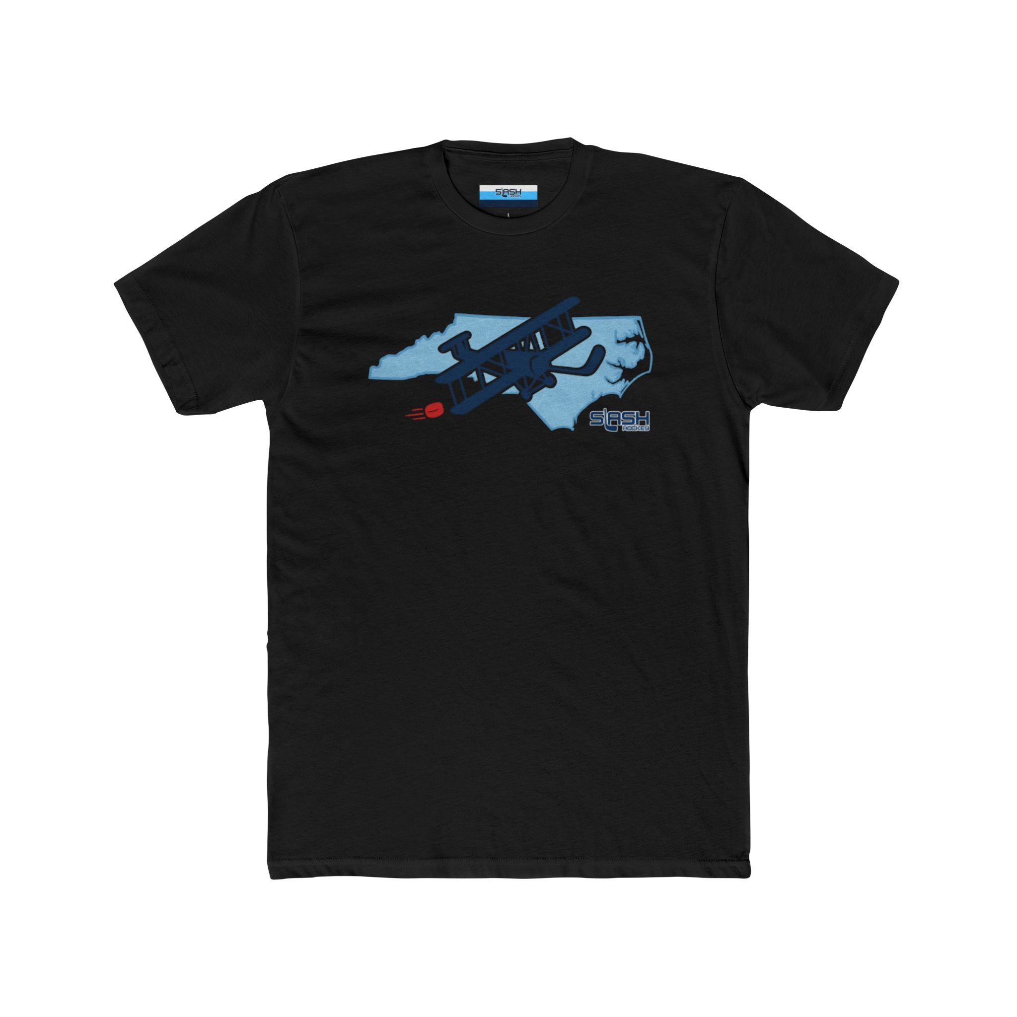 Front view of black t-shirt featuring North Carolina outline with ice texture. Wright Brothers airplane with hockey stick wings flies across, trailing a red puck.