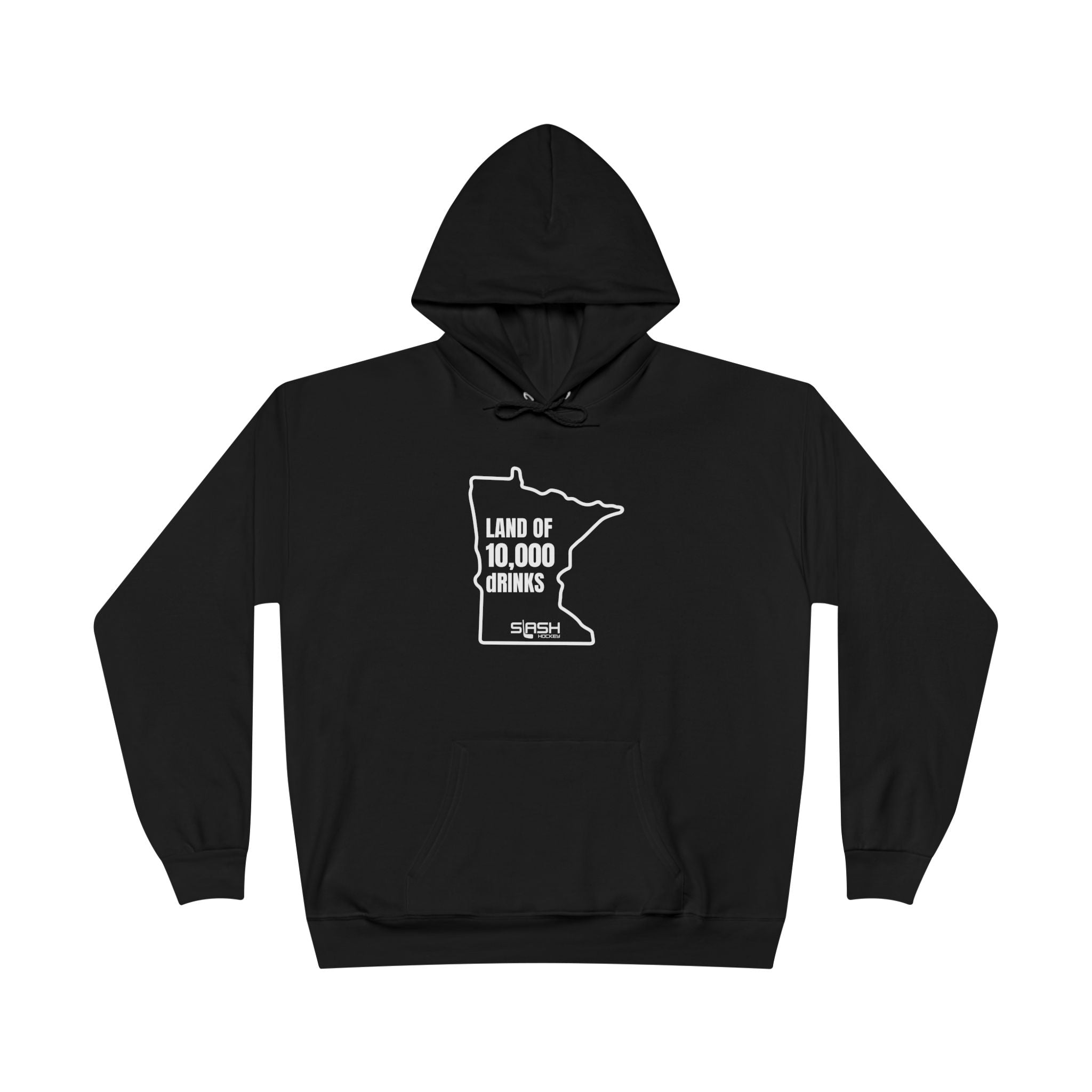 Unisex hoodie with bold “Land of 10,000 dRINKS” slogan, Minnesota hockey-inspired design on chest.