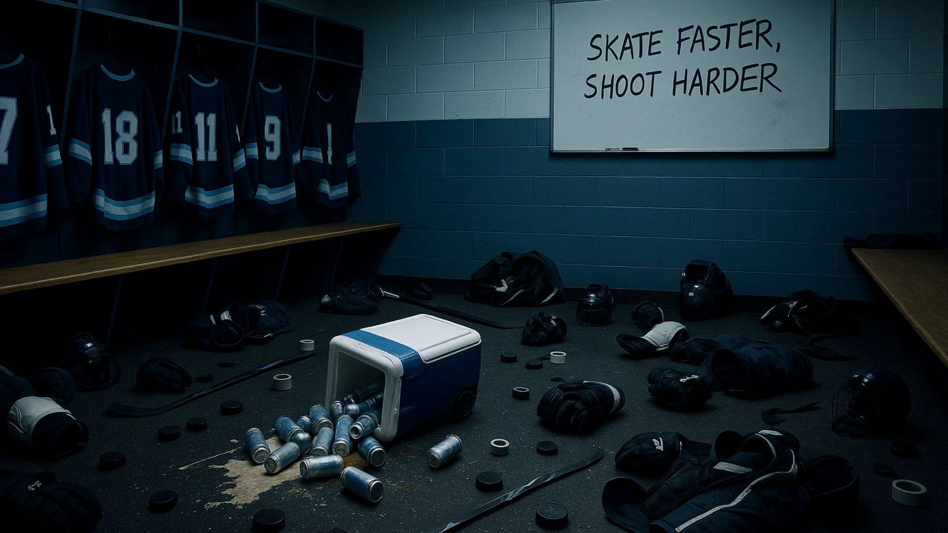 Home page hero image for Slash Hockey. A messy locker room with spilt beer and a sign on the wall saying Skate Faster, Shoot Harder