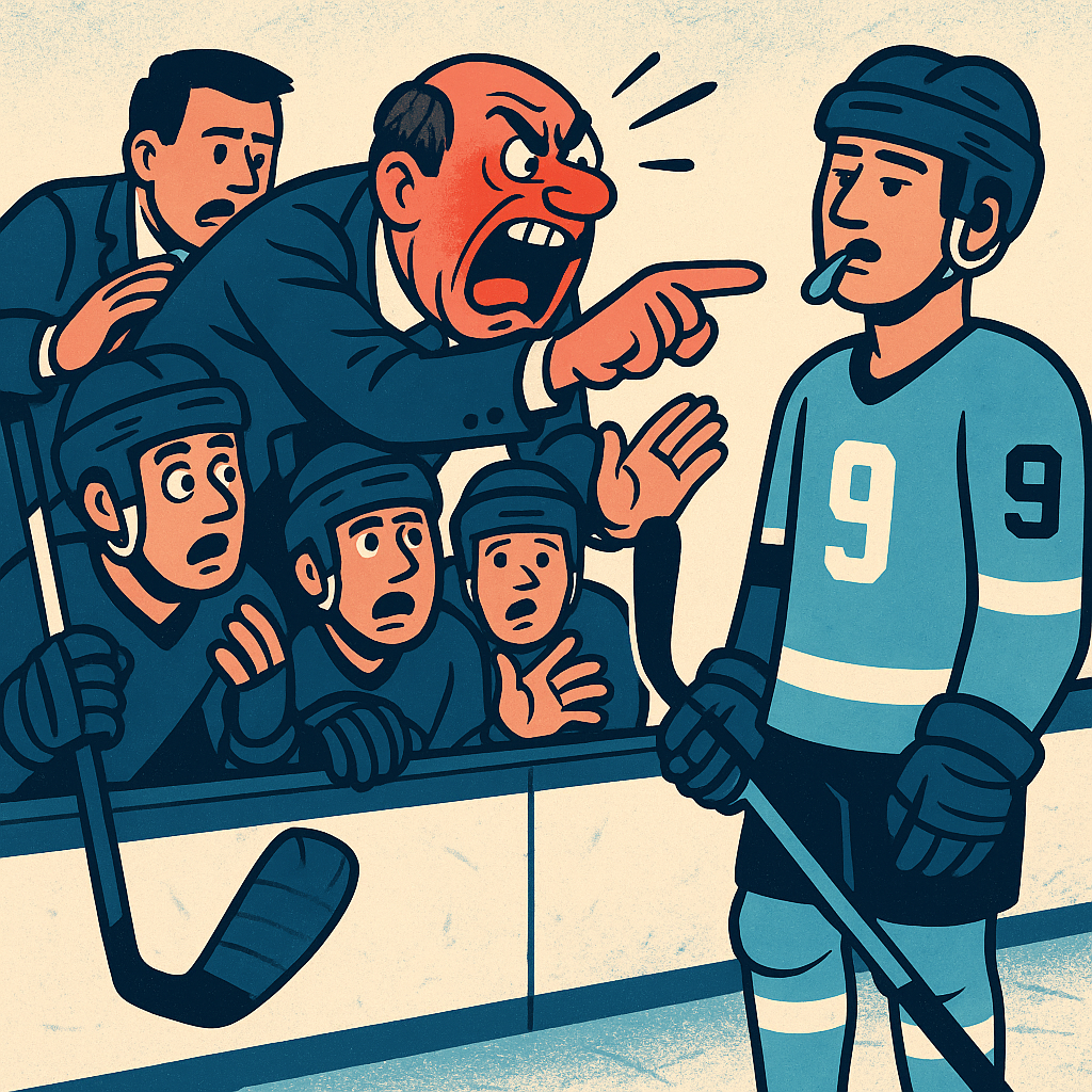 Cartoon hockey coach yelling from the bench at a calm opposing player in a #9 jersey.