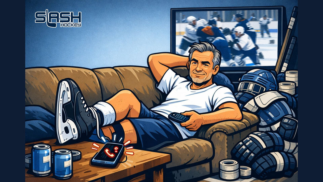 Illustration of a retired hockey legend sitting on a locker room couch in half hockey gear as a phone labeled “GM Calling” buzzes nearby, capturing a humorous comeback moment.