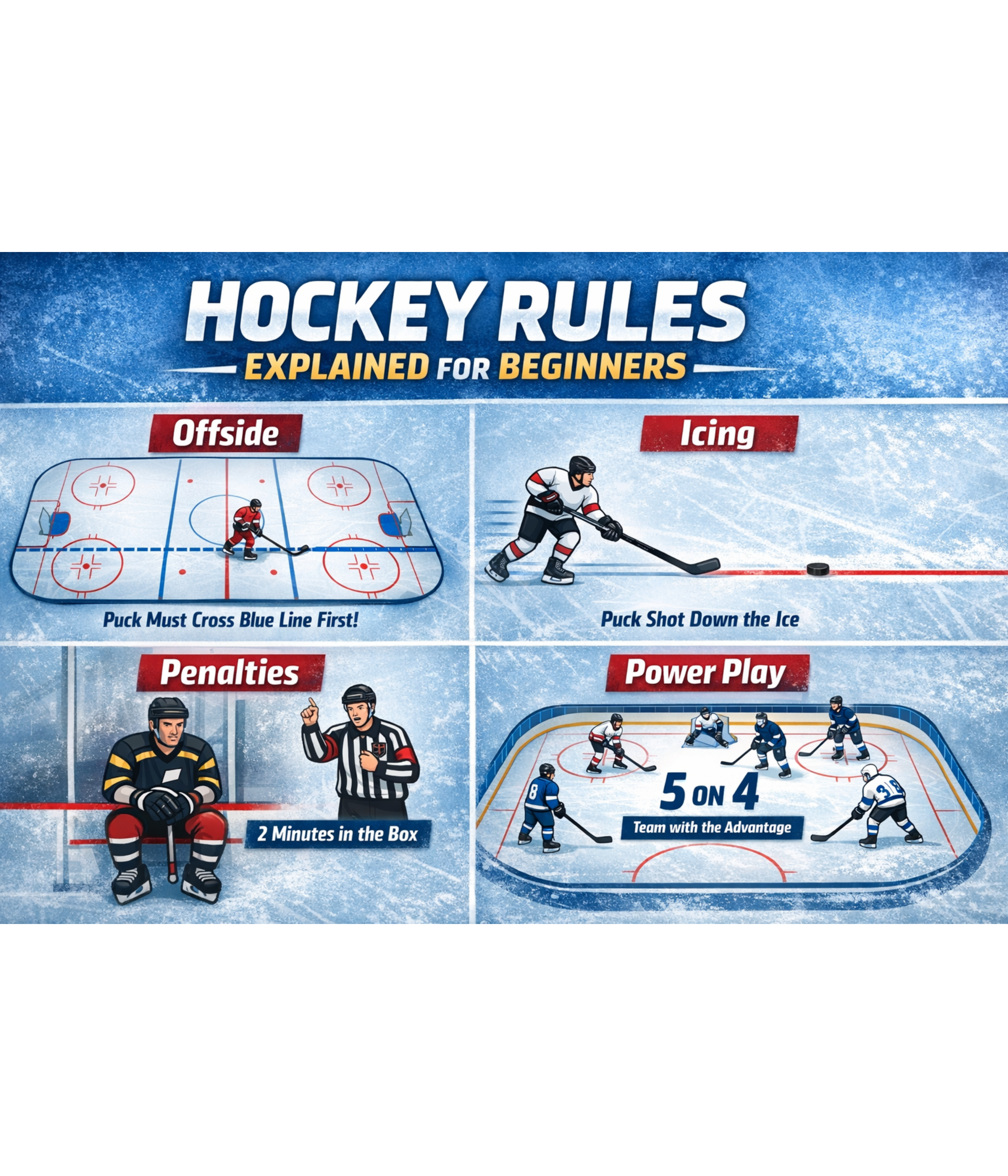 Hockey rules explained infographic showing offside, icing, penalties, and power play for beginners