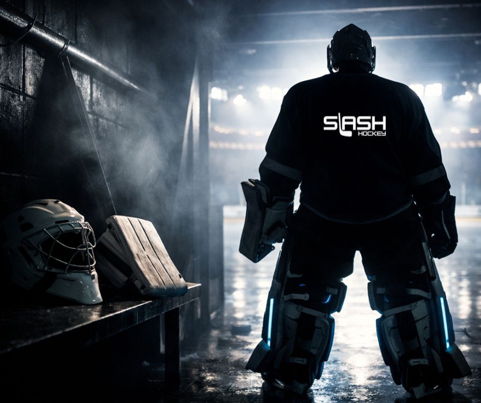 Emergency Backup Goaltender standing alone in a dimly lit NHL arena tunnel, facing the ice in full gear, symbolizing the EBUG role and stay-ready mentality.