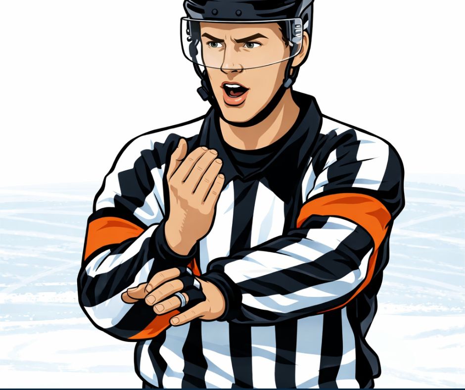 Hockey referee signaling a slashing penalty by making a chopping motion with one hand across the opposite forearm on the ice