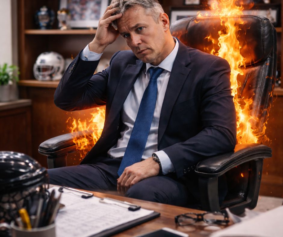Middle-aged hockey executive in a suit sits at a cluttered office desk, looking stressed with his hand on his head, while his chair is dramatically engulfed in flames.