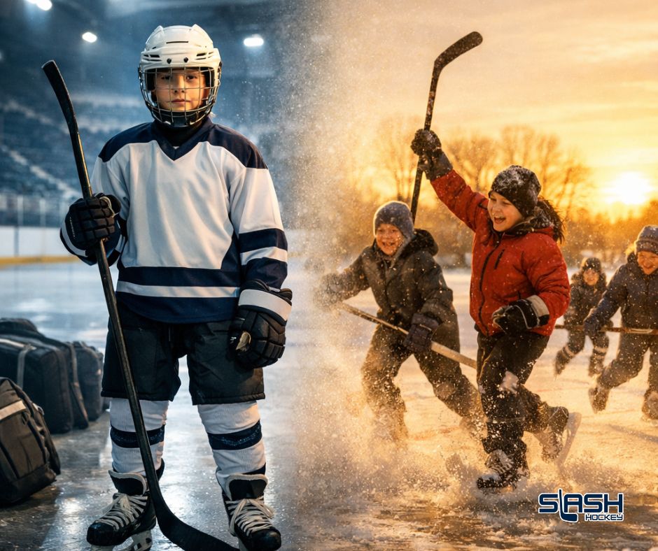 Split image showing a youth hockey player alone in a bright indoor rink on one side and kids playing joyful pond hockey at sunset on the other, symbolizing the future of youth hockey in America.