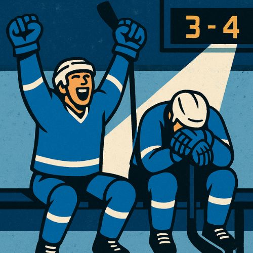 Two hockey players on the bench — one celebrating, one slumped — illustrating the highs and lows of a season for Slash Hockey.