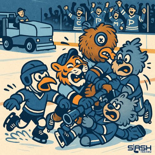 Hockey mascots brawling on ice in vintage gear, fans cheering, confetti flying, bold navy and ice blue tones.