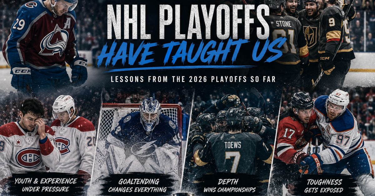 NHL playoff collage featuring Avalanche and Canadiens frustration contrasted with Golden Knights celebrations, highlighting toughness, youth mistakes, goaltending, and playoff intensity.