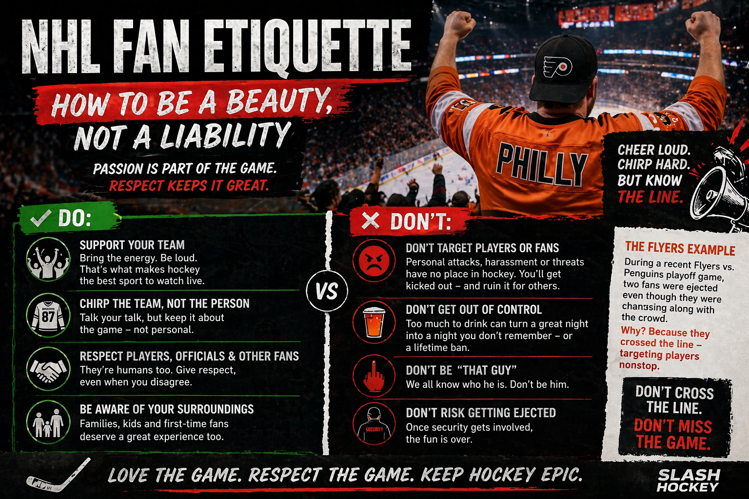NHL fan etiquette infographic showing do and don’t behaviors for hockey fans including cheering, chirping, and avoiding ejection