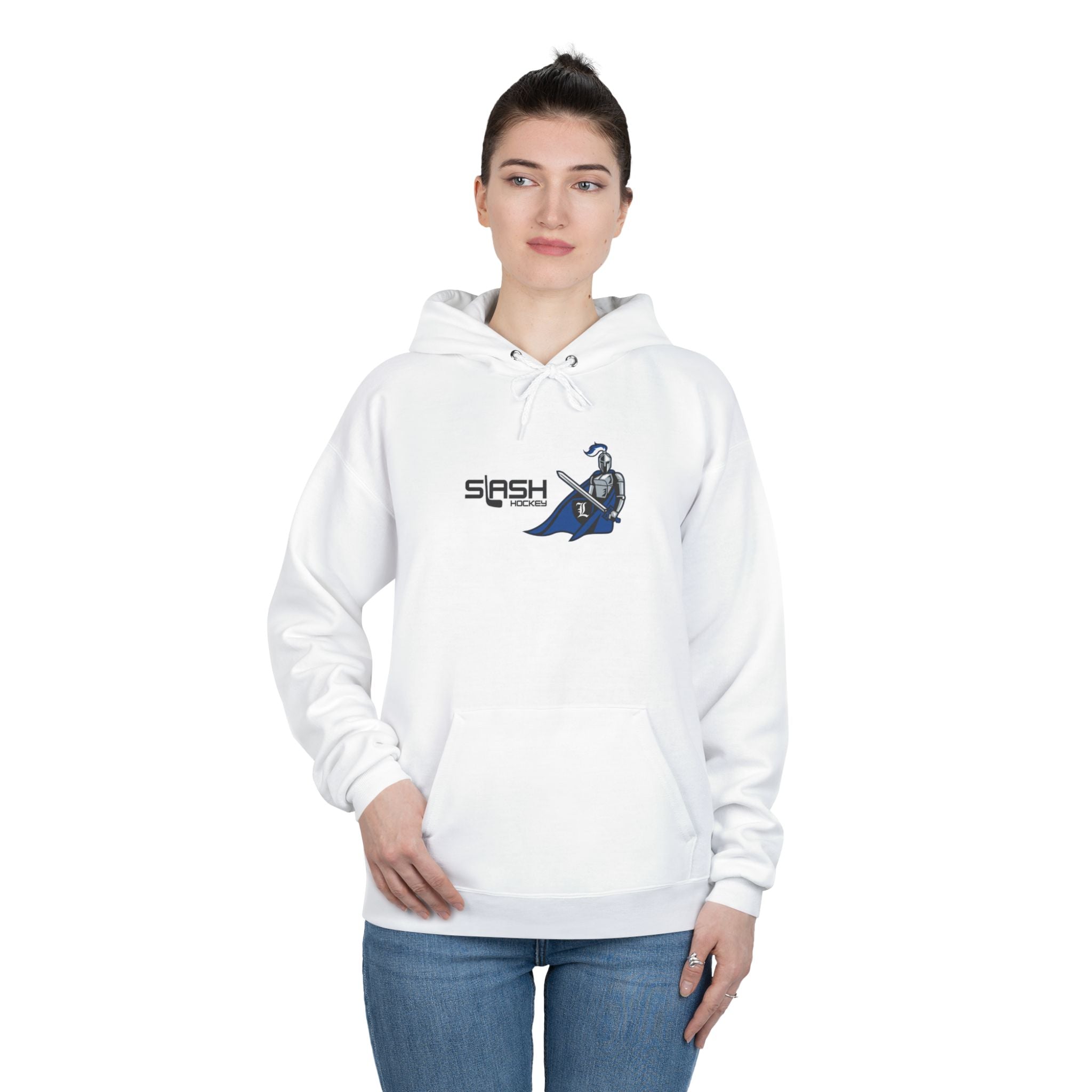 “LHA Girls Hockey Hoodie lifestyle photo — model wearing Livonia Hockey Association hoodie, cozy cotton-blend design for players, parents, and fans.”