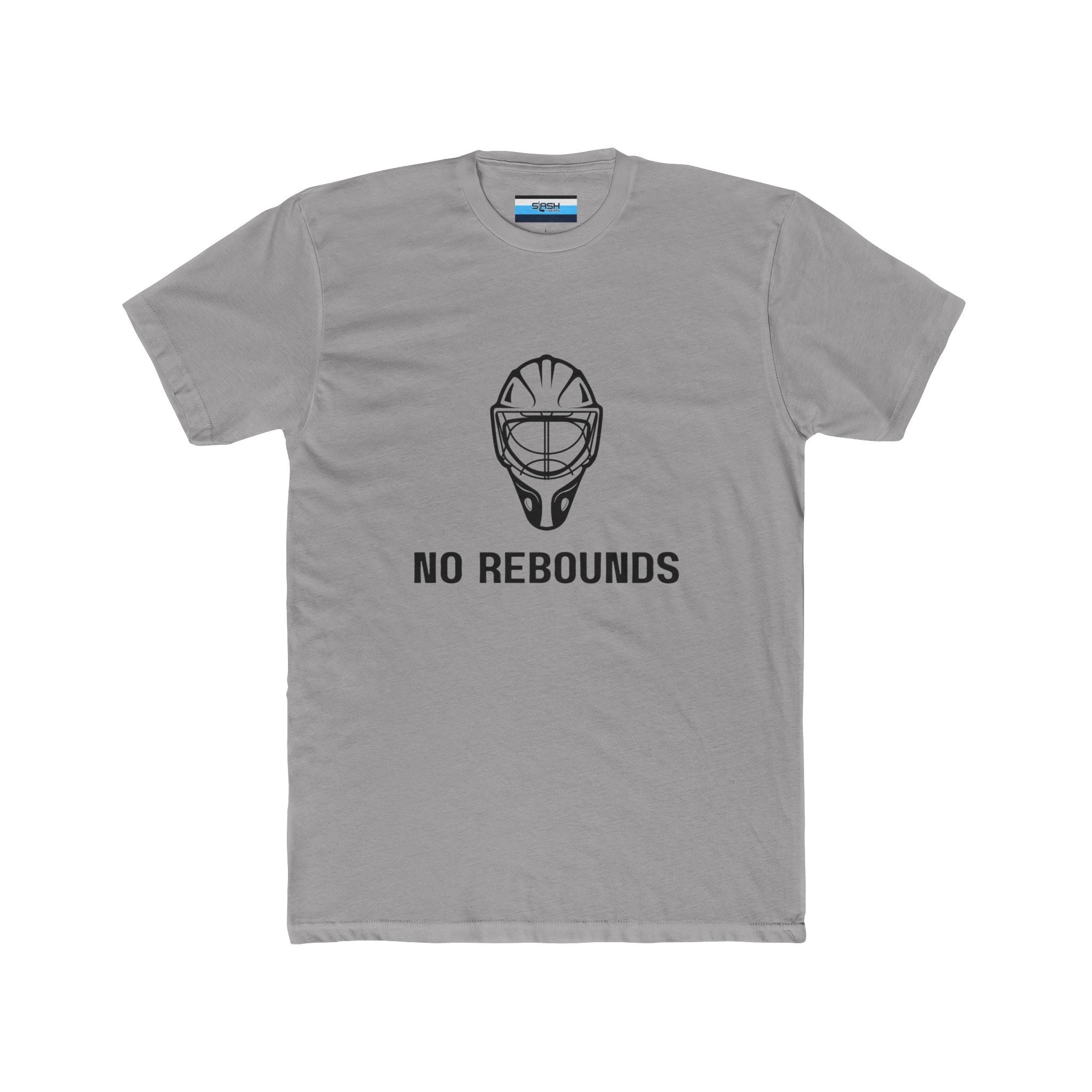 No Rebounds Tee, front view — hockey t-shirt featuring a bold goalie-themed “No Rebounds” graphic on the chest, classic athletic fit, displayed on a plain background.