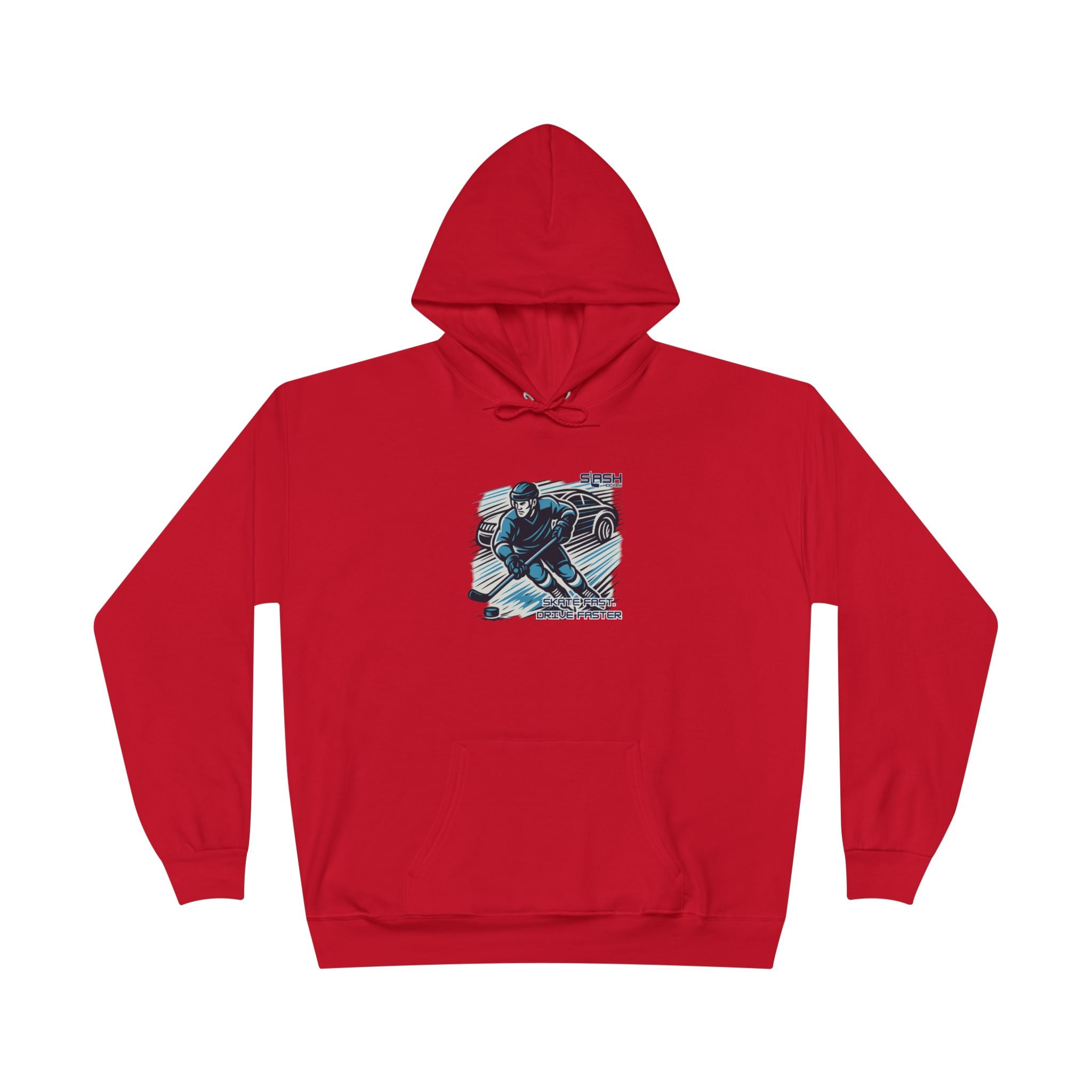 “Skate Fast. Drive Faster. Hockey Hoodie front view — bold text design with distressed varsity-style lettering in navy, sky blue, and white, printed on premium cotton-blend hoodie.”
