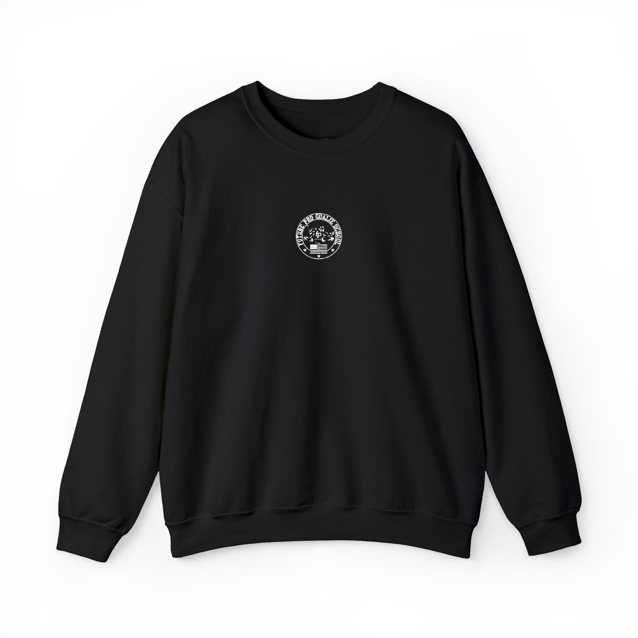Front view of the black Future Pro USA Goalie School Crewneck featuring a subtle embroidered left-chest emblem and ribbed collar, cuffs, and hem.