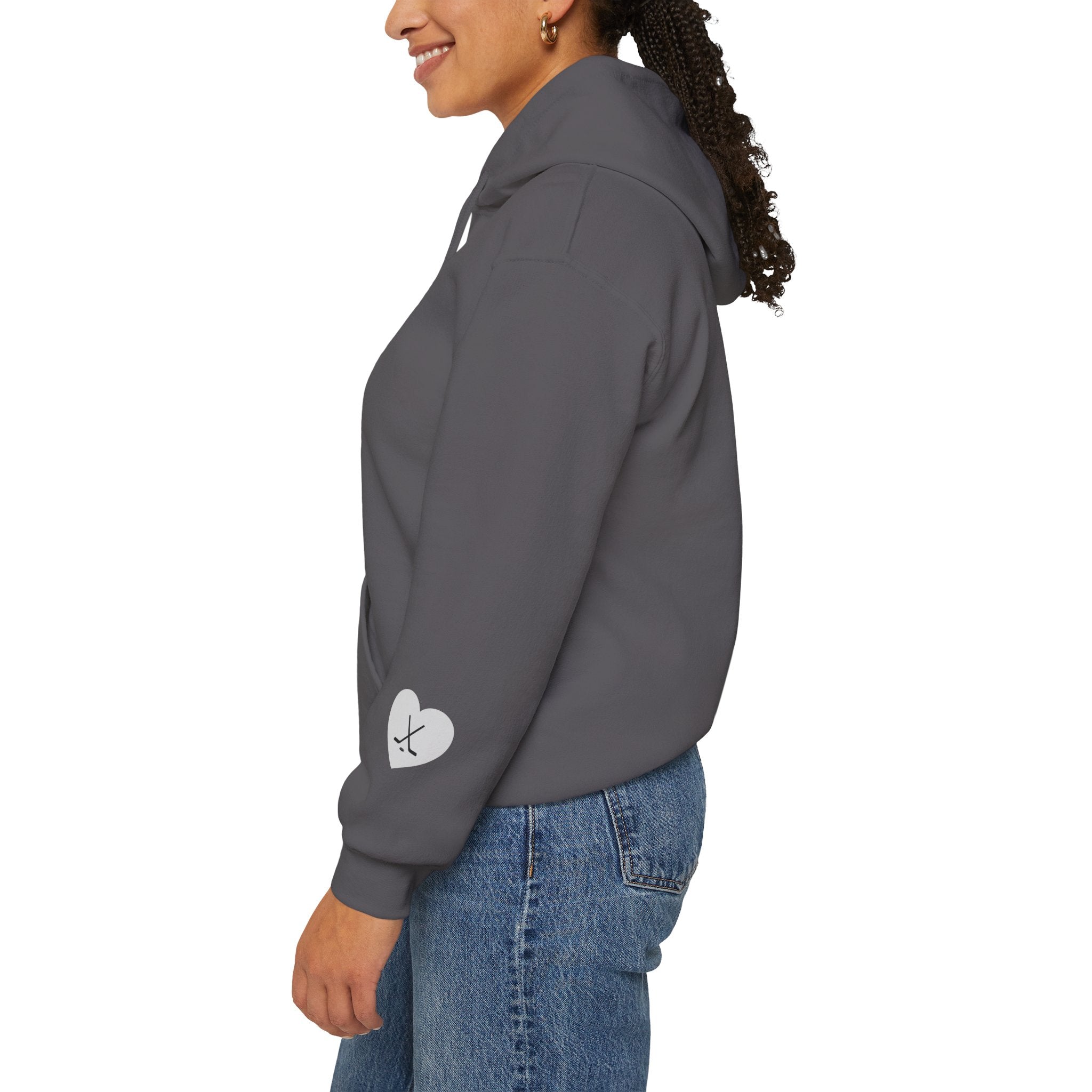 Billet Mom hockey hoodie sleeve detail with subtle Slash Hockey branding
