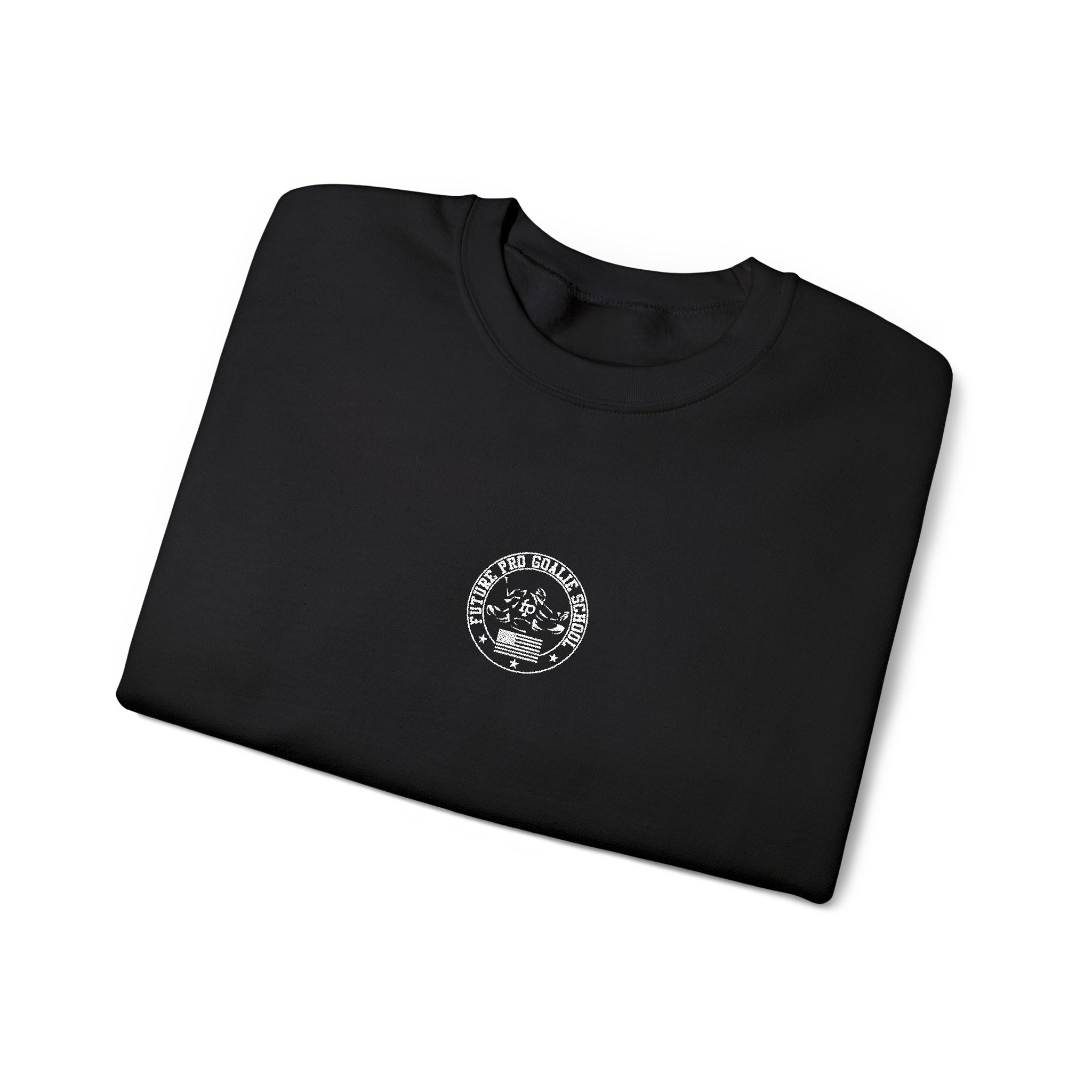 Folded black Future Pro USA Goalie School Crewneck with the embroidered left-chest emblem visible.