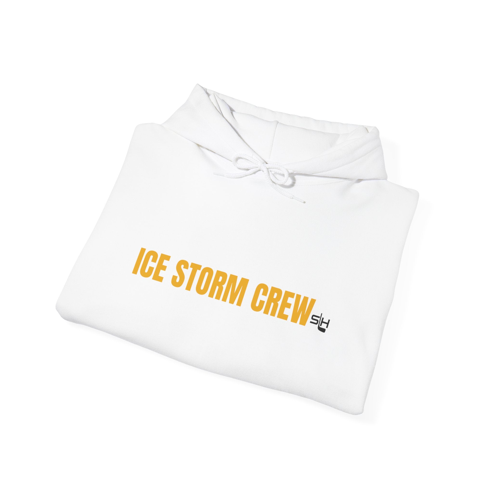 Folded white Ice Storm Crew hoodie highlighting thick winter fabric and bold chest typography