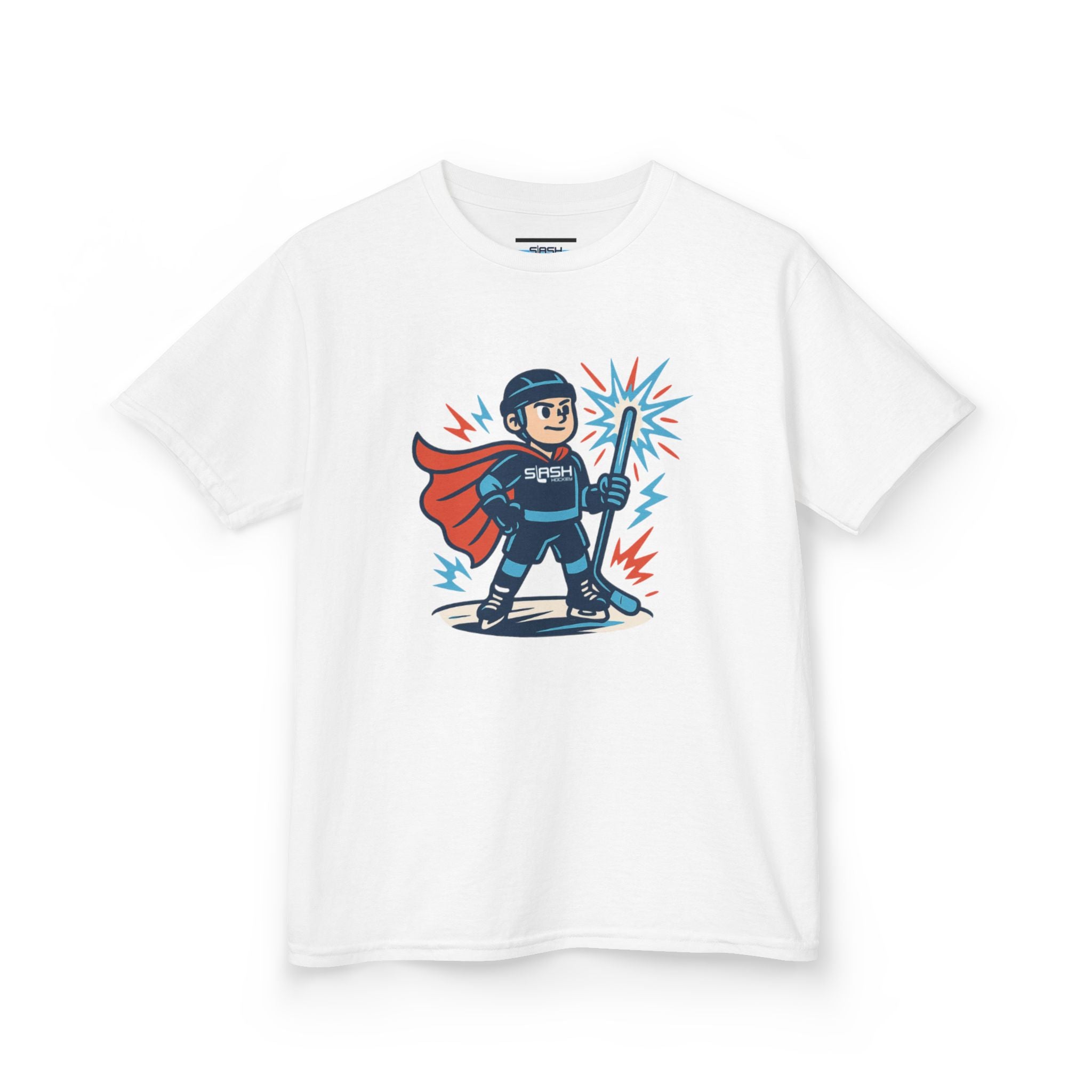 Front view of Slashman Youth Tee hockey t-shirt by Slash Hockey
