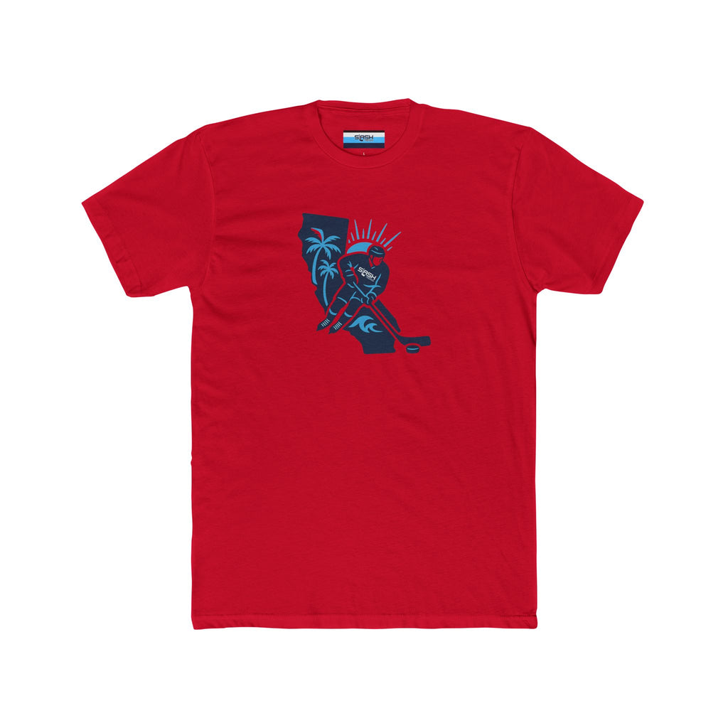 California Hockey Tee front view — bold, clean design blending the California state outline with hockey elements in Slash Hockey brand colors. Unisex short-sleeve t-shirt displayed flat.