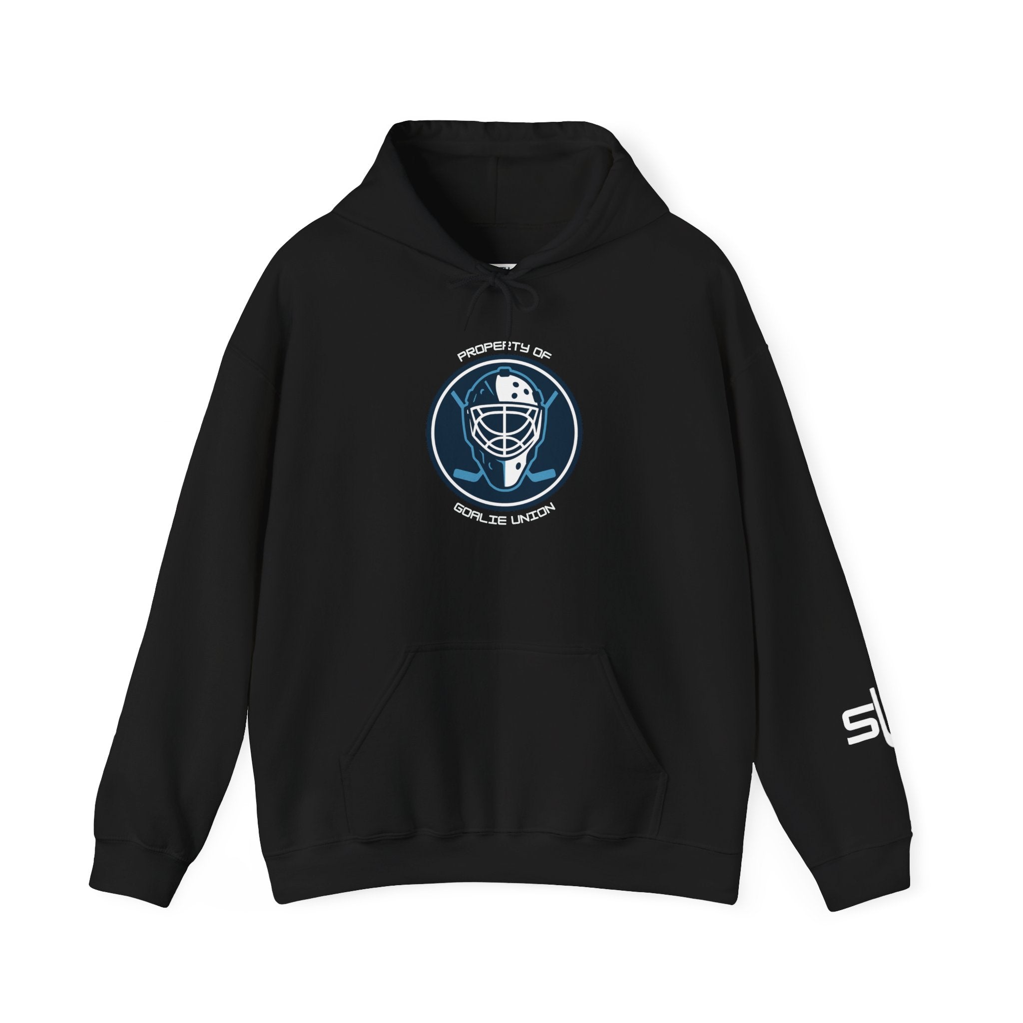 Front view of the Goalie Union Hoodie featuring the bold Goalie Union emblem, displayed flat for product detail.