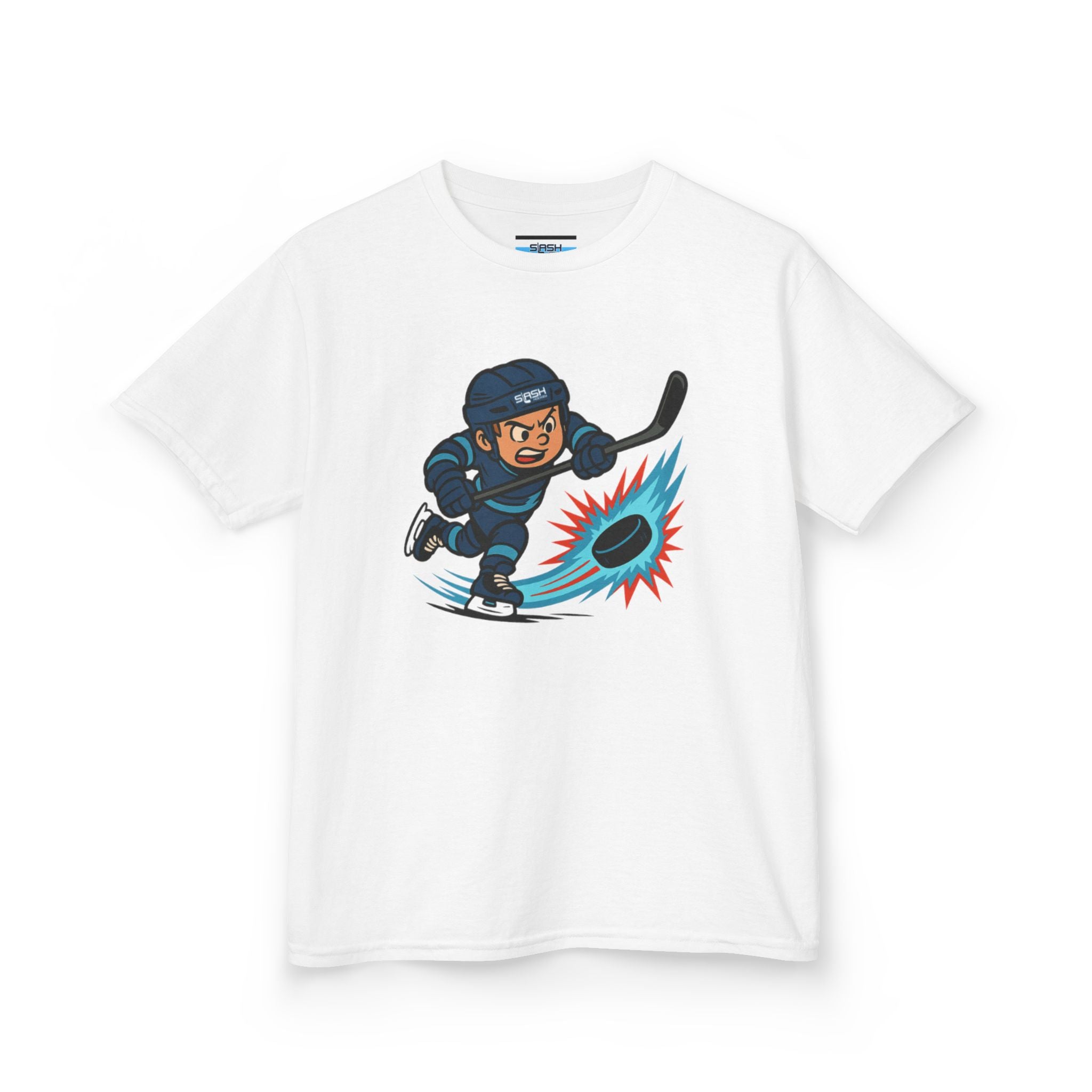 Front view of Slapshot Hero Youth Tee hockey t-shirt by Slash Hockey
