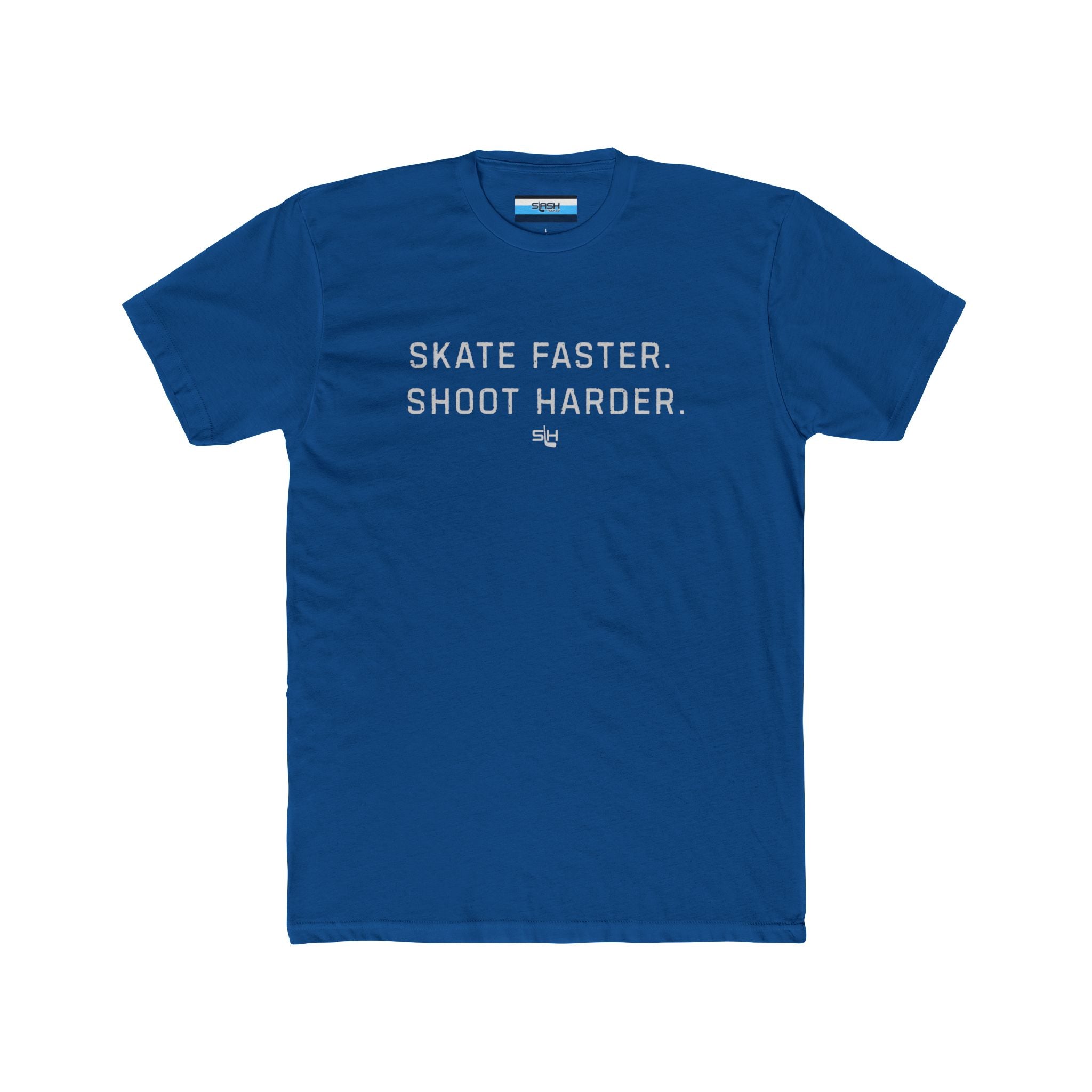 Red Skate Faster Shoot Harder funny hockey t-shirt with bold white lettering on the chest by Slash Hockey.