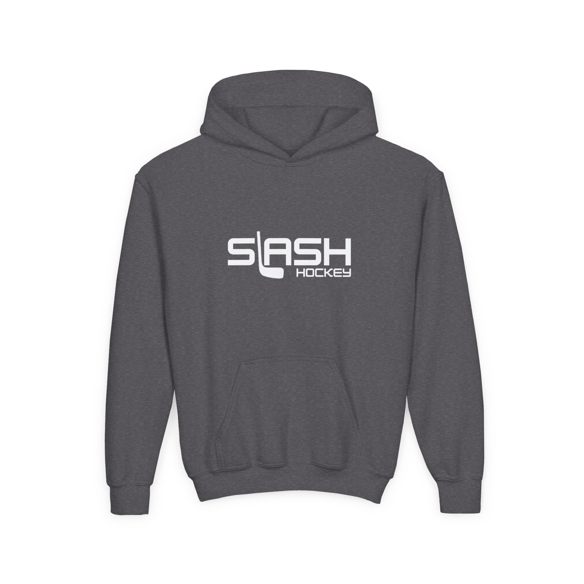 Front view of the Youth Slash Hockey Hoodie in navy with Slash Hockey design.