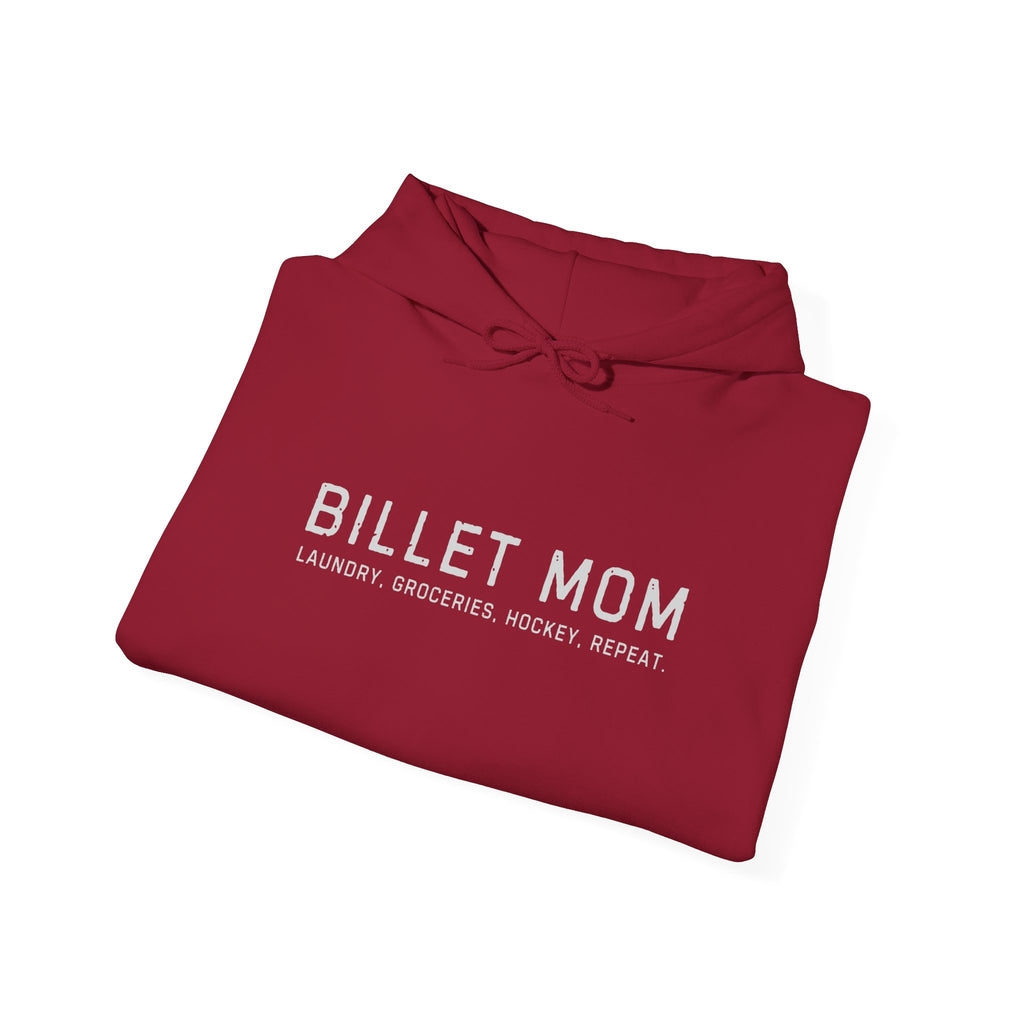 Folded Billet Mom hoodie showing minimalist hockey billet family design