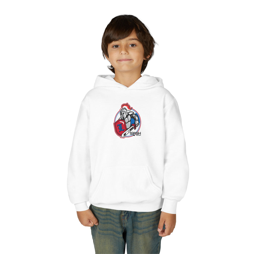 LHA Youth Hockey Hoodie lifestyle photo — young player wearing Livonia Hockey Association hoodie in team colors, cozy fit for rink or everyday wear.