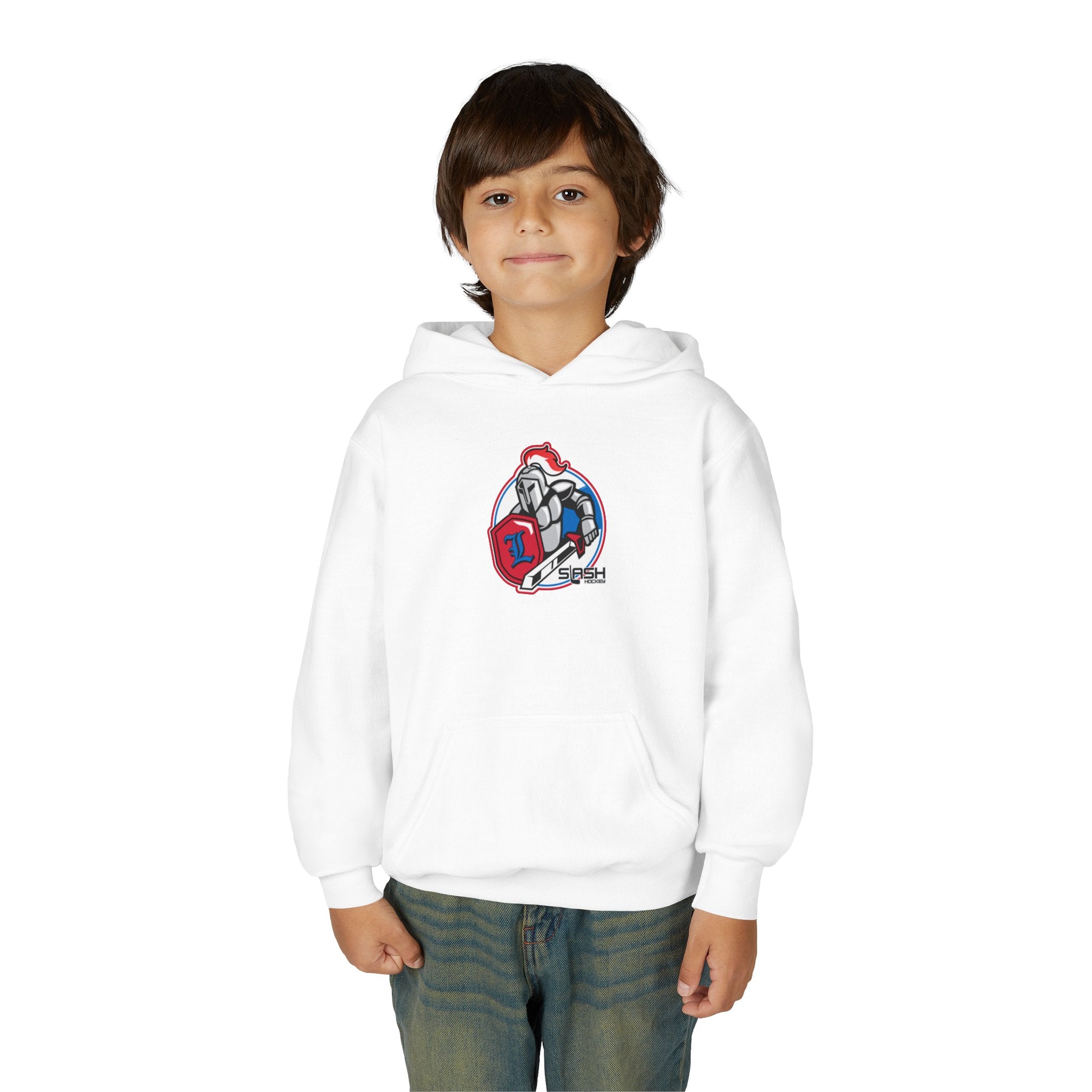 LHA Youth Hockey Hoodie lifestyle photo — young player wearing Livonia Hockey Association hoodie in team colors, cozy fit for rink or everyday wear.
