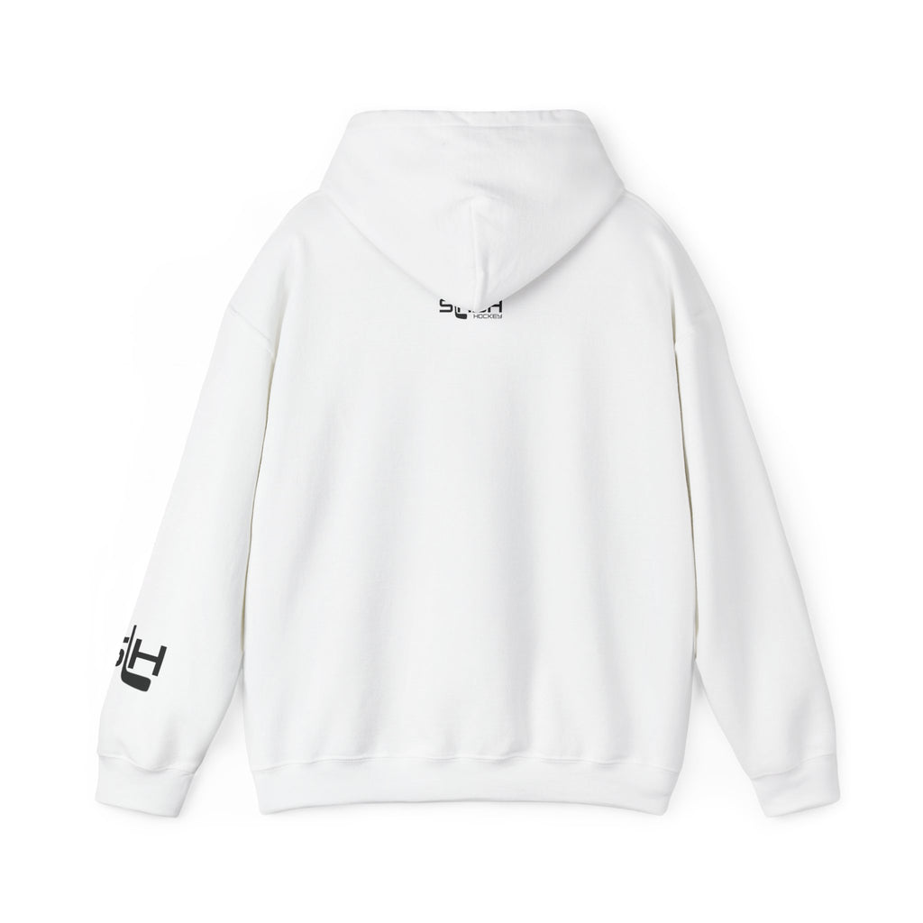 Back view of white Ice Storm Crew hoodie with clean solid white design and no additional graphics