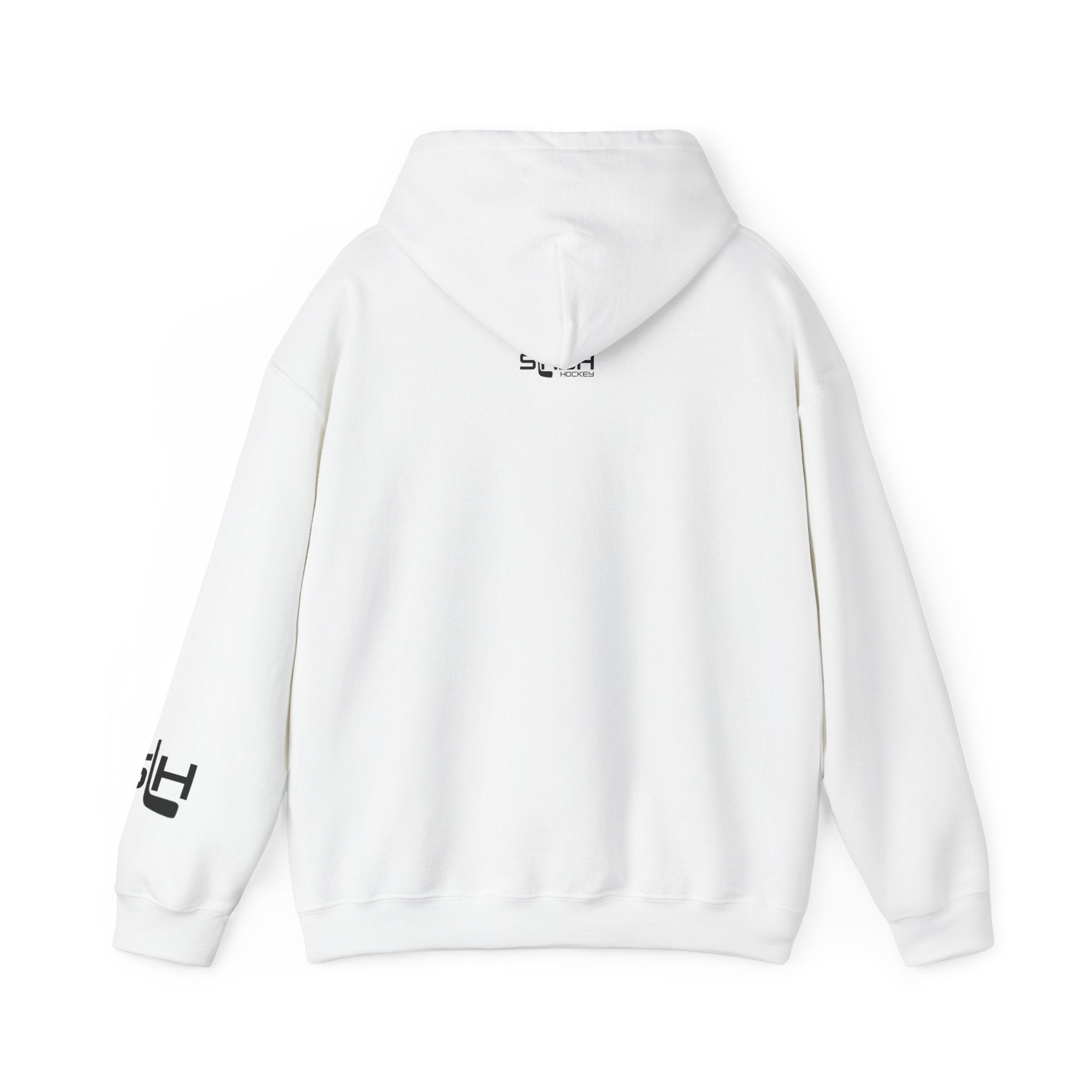 Back view of white Ice Storm Crew hoodie with clean solid white design and no additional graphics