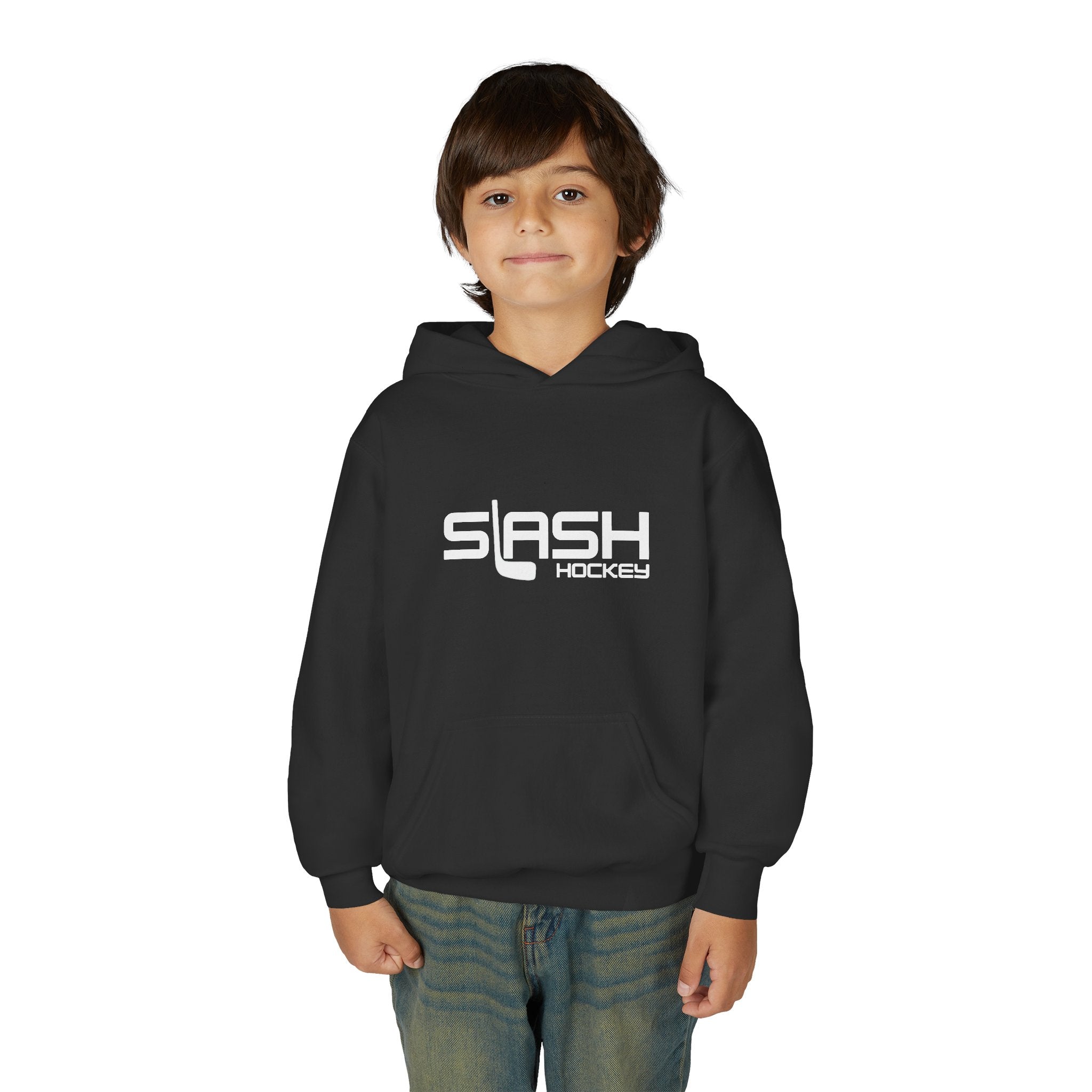 Boy wearing the Youth Slash Hockey Hoodie, front view, standing in a casual hockey setting.