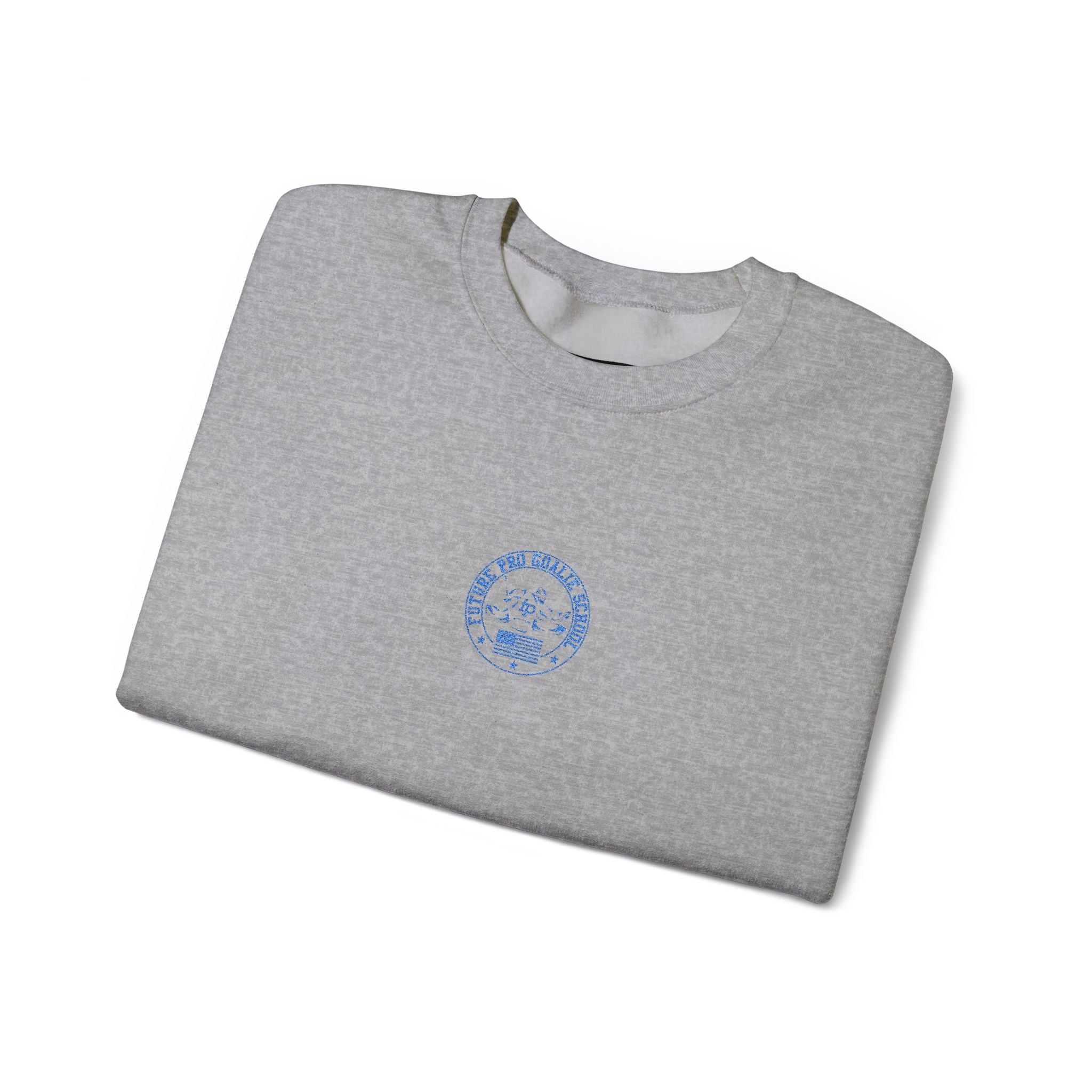 Folded grey Future Pro USA Goalie School Crewneck with the embroidered left-chest emblem visible.