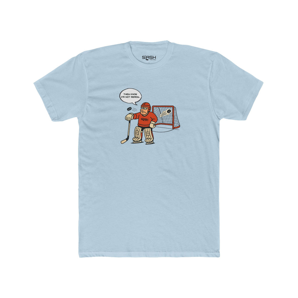 Mad Goalie Tee front view — bold goalie-inspired graphic in Slash Hockey brand colors. Unisex short-sleeve t-shirt displayed flat, highlighting the front design.