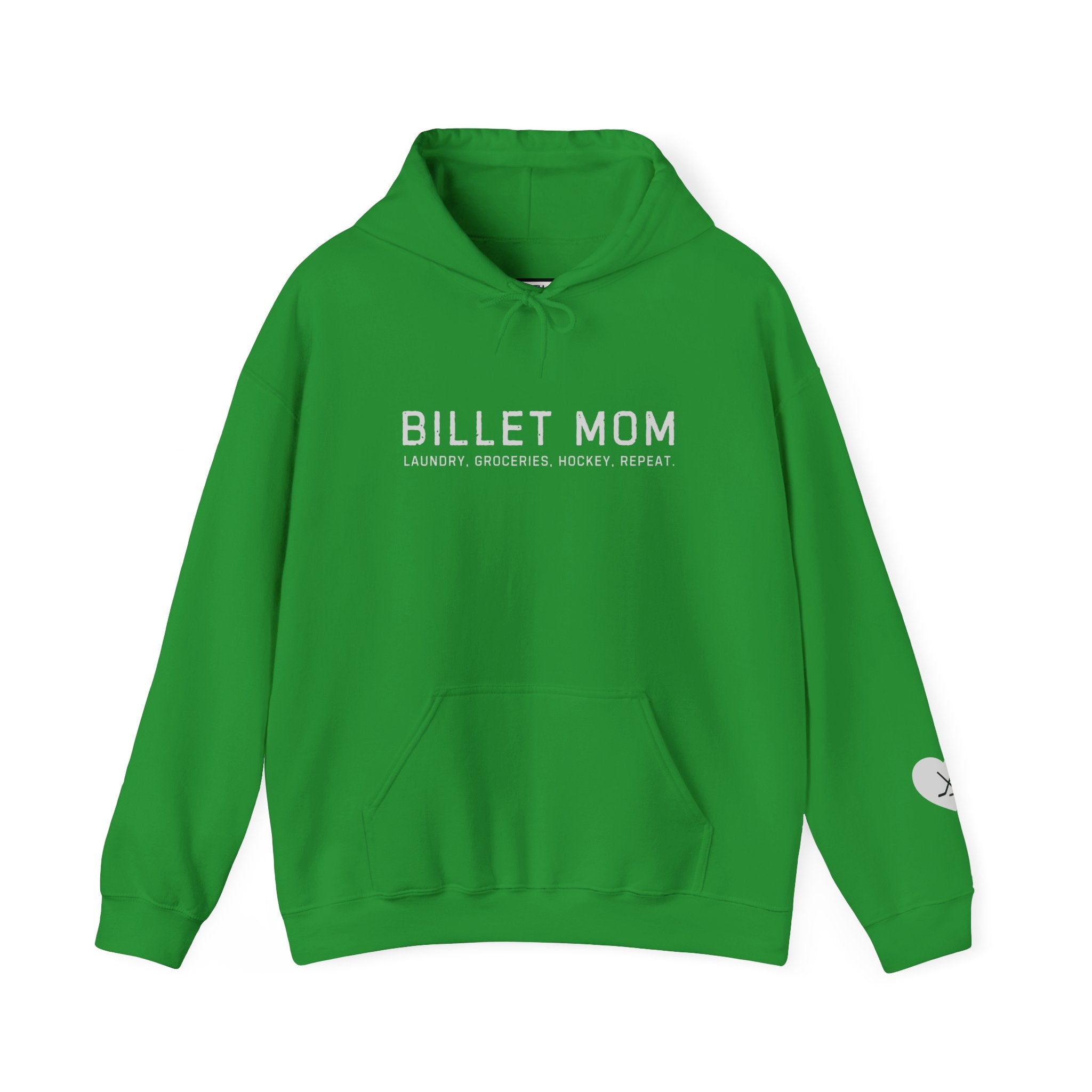 Billet Mom hockey hoodie with “Laundry. Groceries. Hockey. Repeat.” design celebrating junior hockey billet families