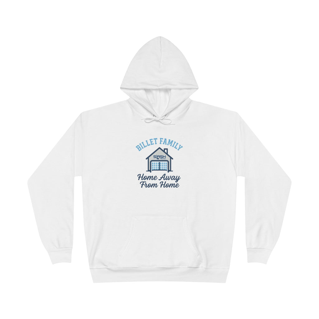 “Billet Family hockey hoodie front view — bold text design celebrating billet families, printed in navy, sky blue, and white on a premium cotton-blend hoodie.”