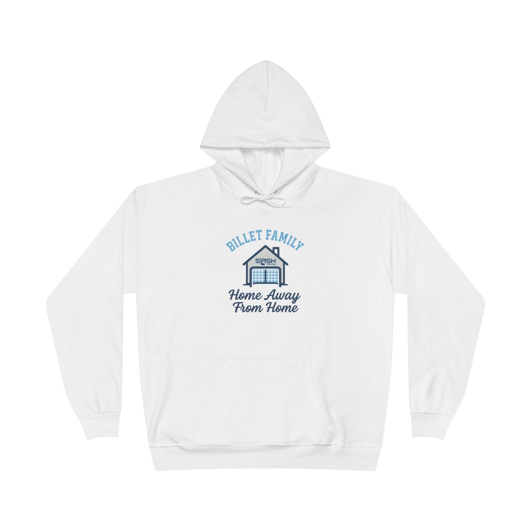 “Billet Family hockey hoodie front view — bold text design celebrating billet families, printed in navy, sky blue, and white on a premium cotton-blend hoodie.”