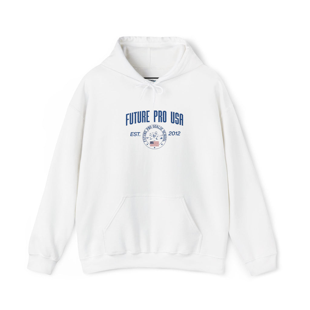 Front view of the white Vintage Future Pro USA Hoodie featuring the distressed Future Pro USA graphic and front pouch pocket.