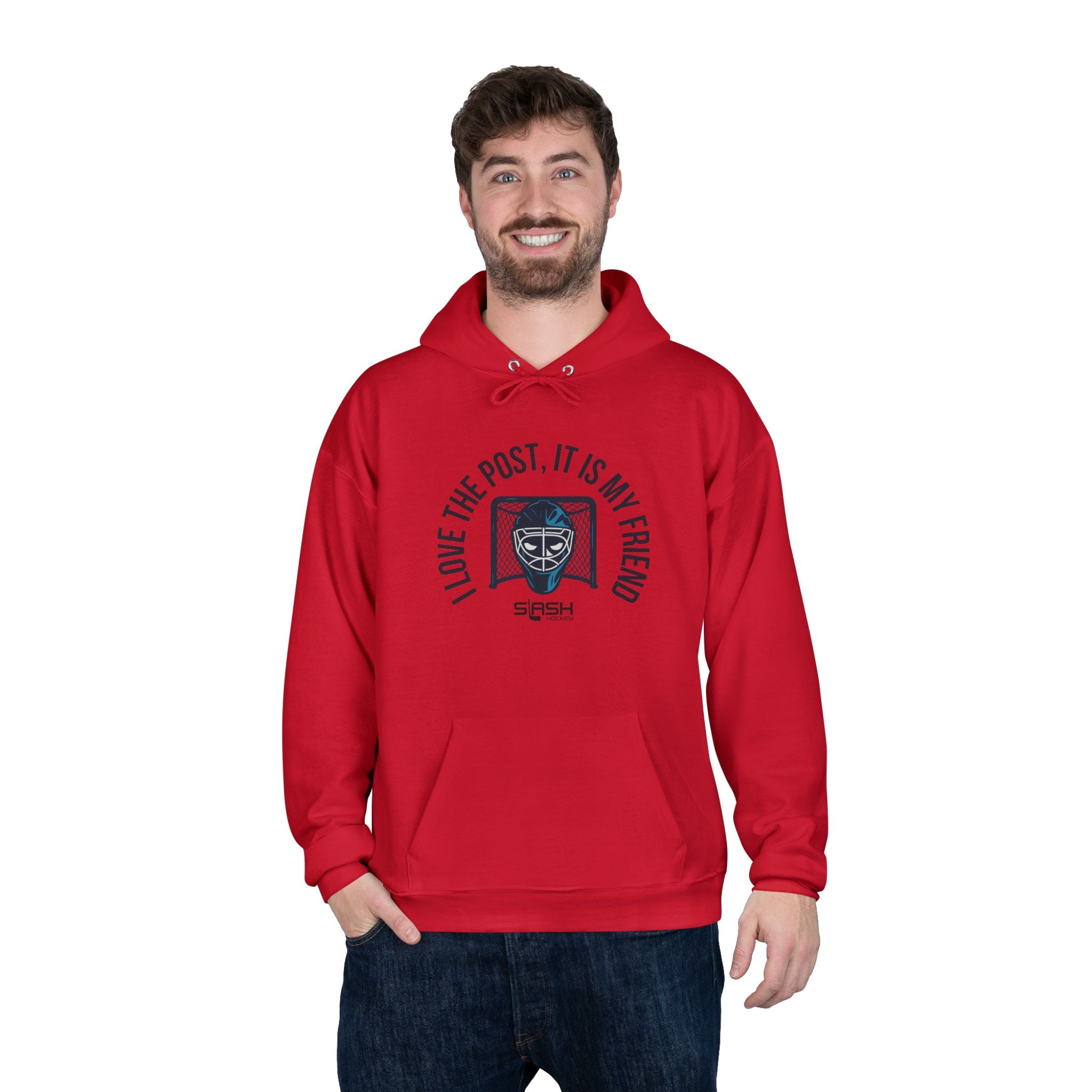 Male model wearing goalie hoodie with “I love the post, it is my friend” design, standing in casual hockey-inspired setting.