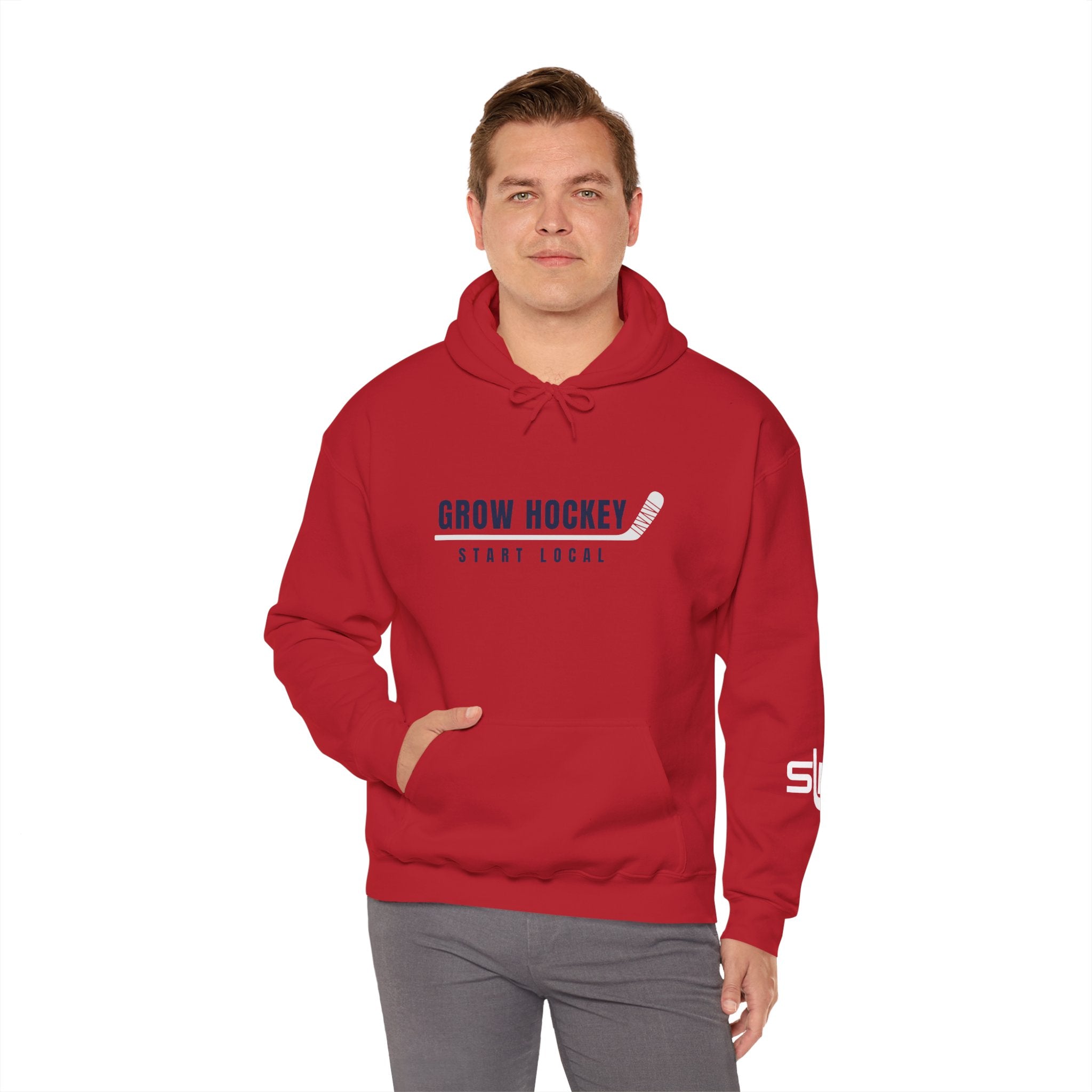 Male model wearing Grow Hockey Start Local hoodie with bold front graphic and taped hockey stick design.