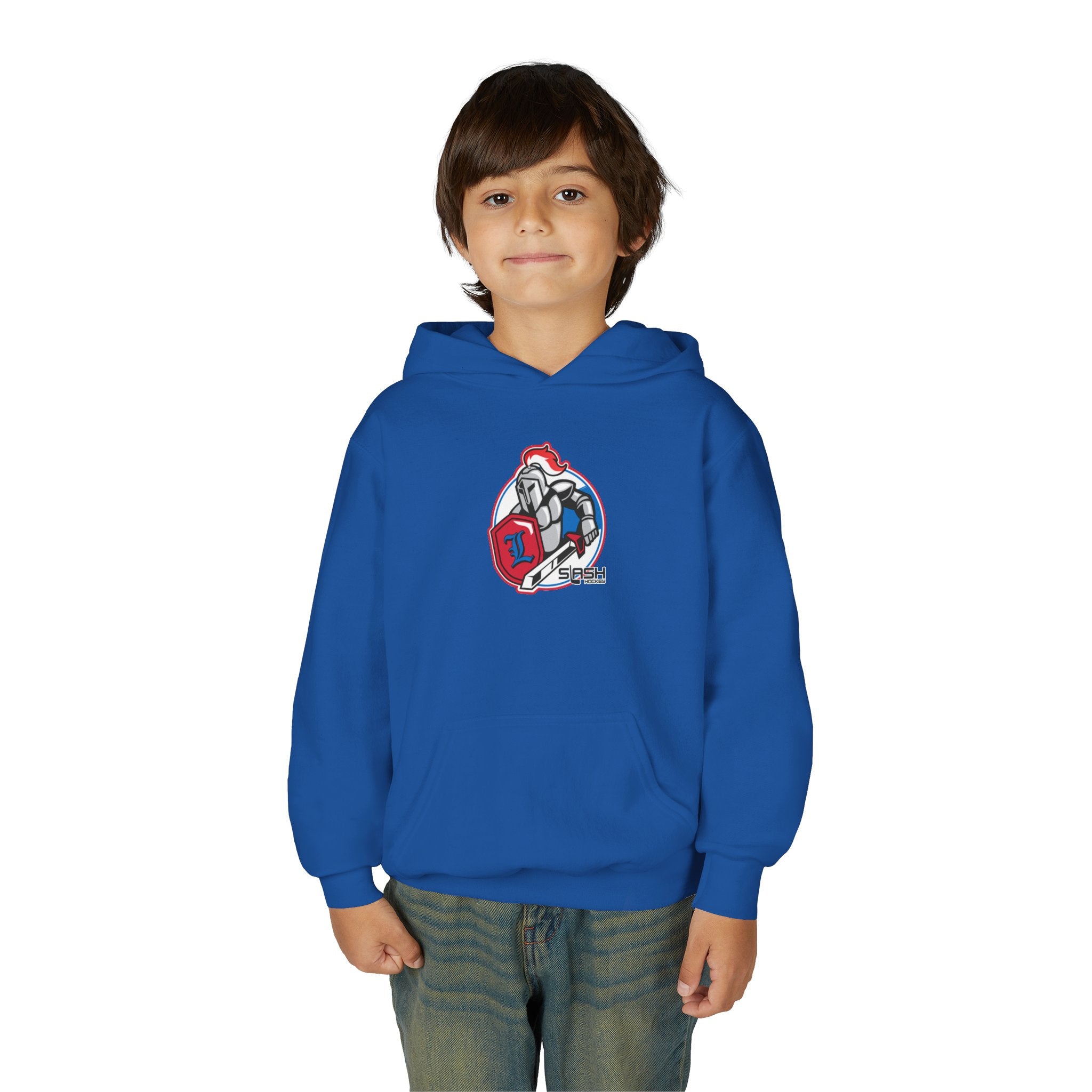 LHA Youth Hockey Hoodie lifestyle photo — young player wearing Livonia Hockey Association hoodie in team colors, cozy fit for rink or everyday wear.