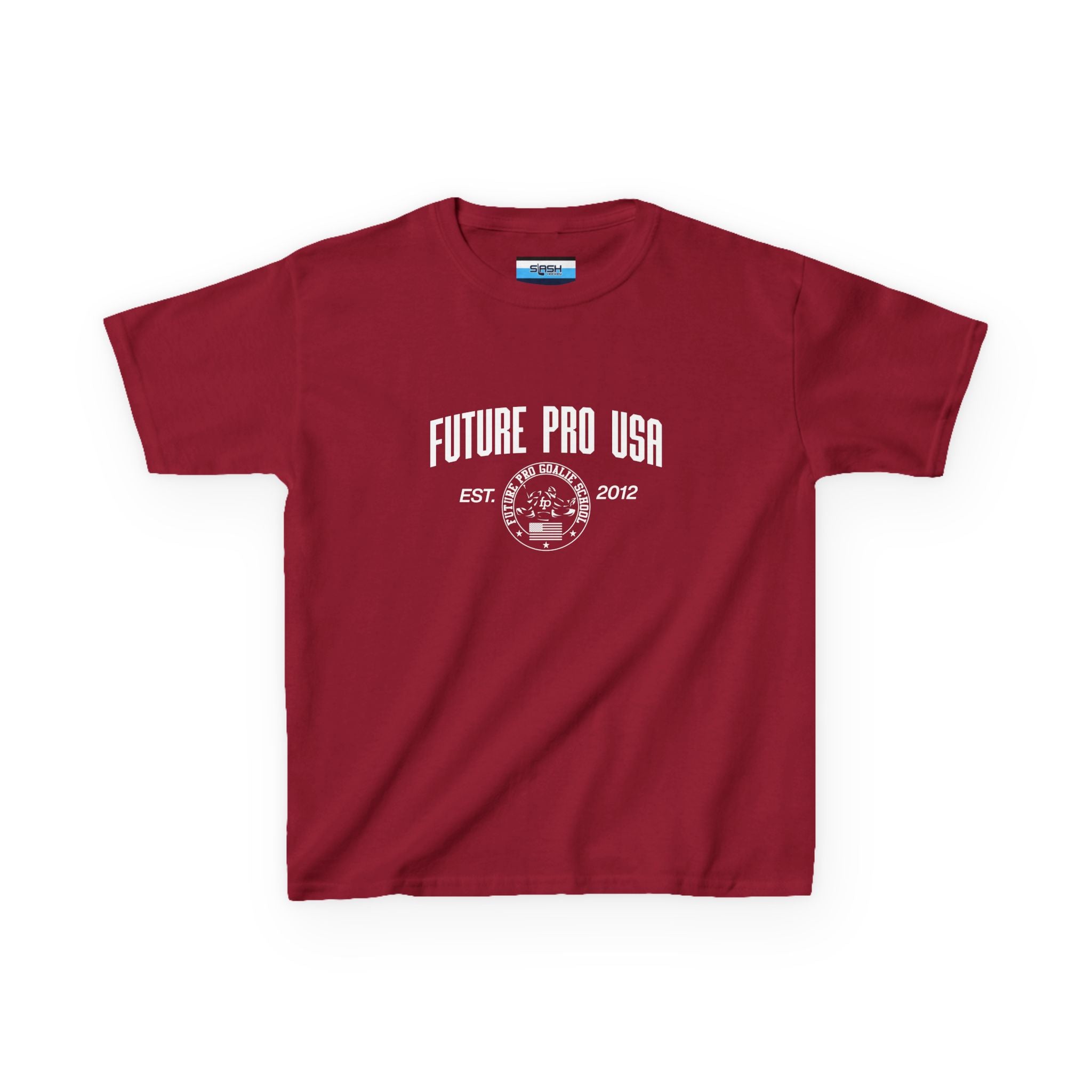 Youth Vintage Future Pro USA Tee, front view — youth hockey t-shirt featuring a retro-style Future Pro USA graphic with a vintage, worn-in look on the chest, athletic fit, displayed on a plain background.