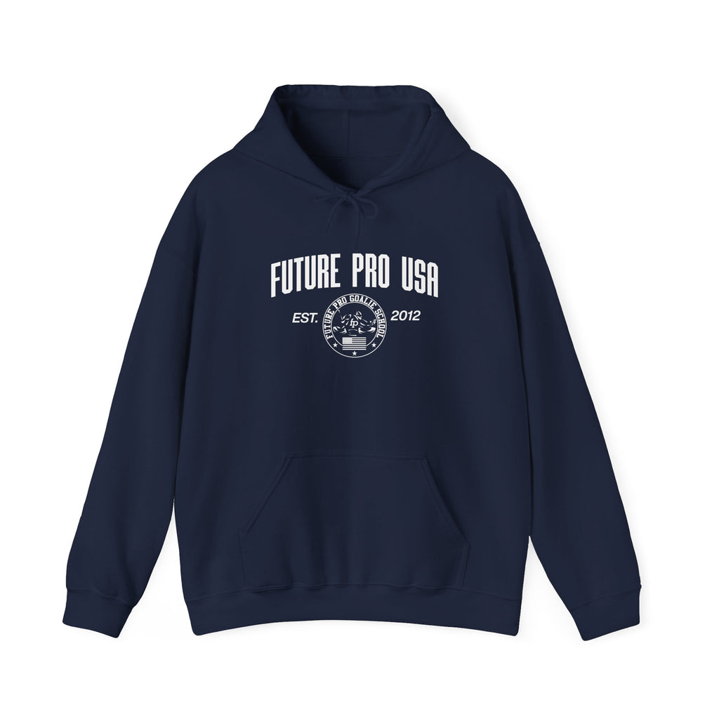 Front view of the Vintage Future Pro USA Hoodie featuring the retro Future Pro USA graphic, displayed flat for product detail.