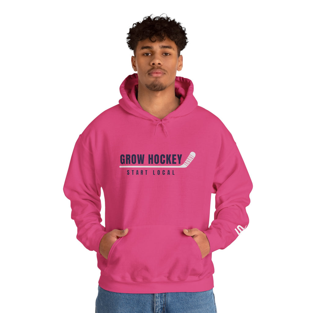 Male model wearing Grow Hockey Start Local hoodie with bold front graphic and taped hockey stick design.