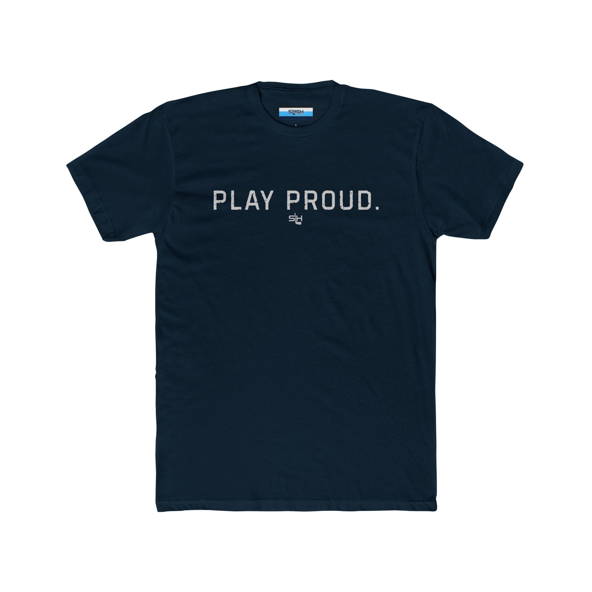 Play Proud hockey t-shirt front design featuring bold athletic block lettering 